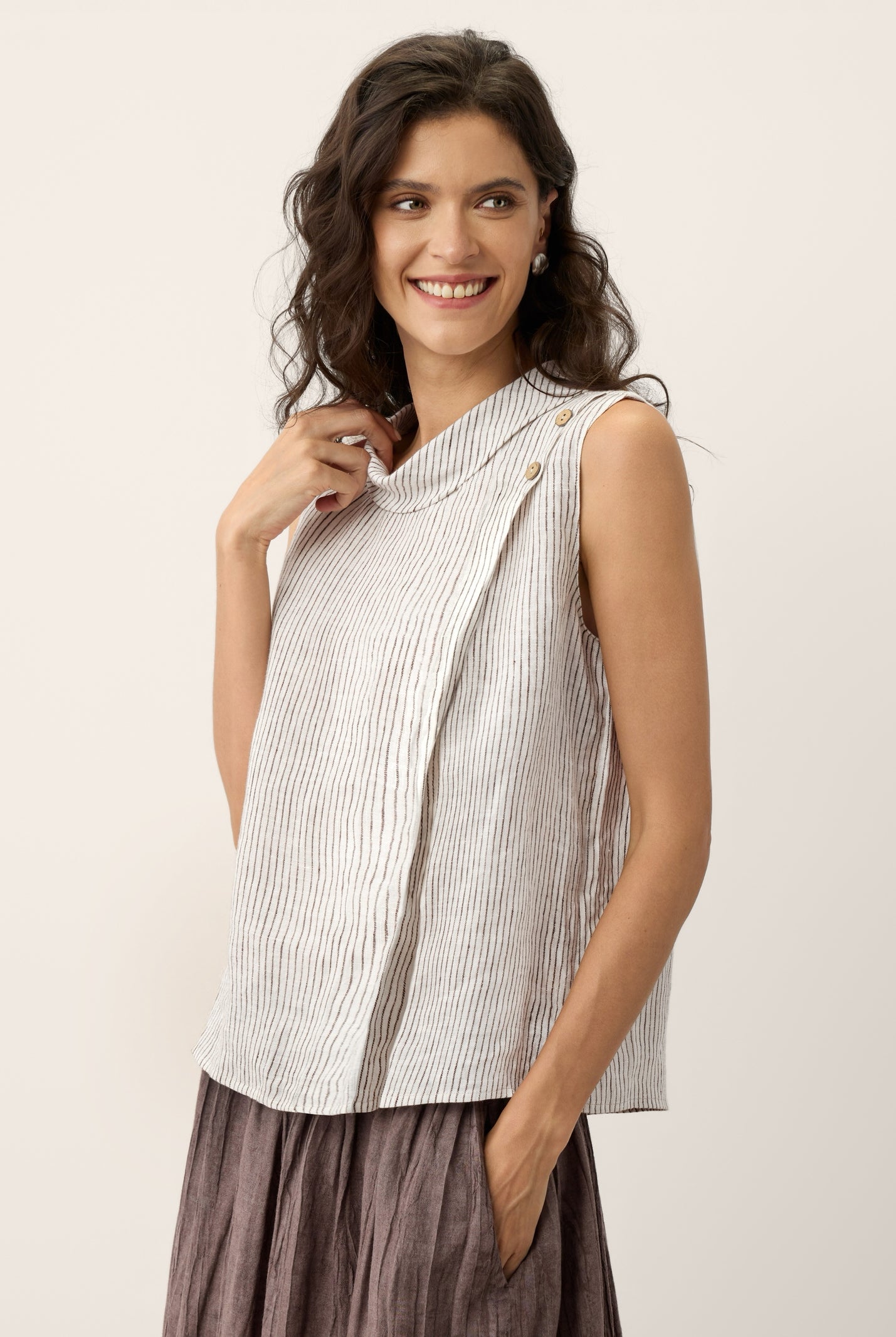 100% Linen Striped Diagonal Pleat Mock Neck Top ESTHER by LINTICO for women