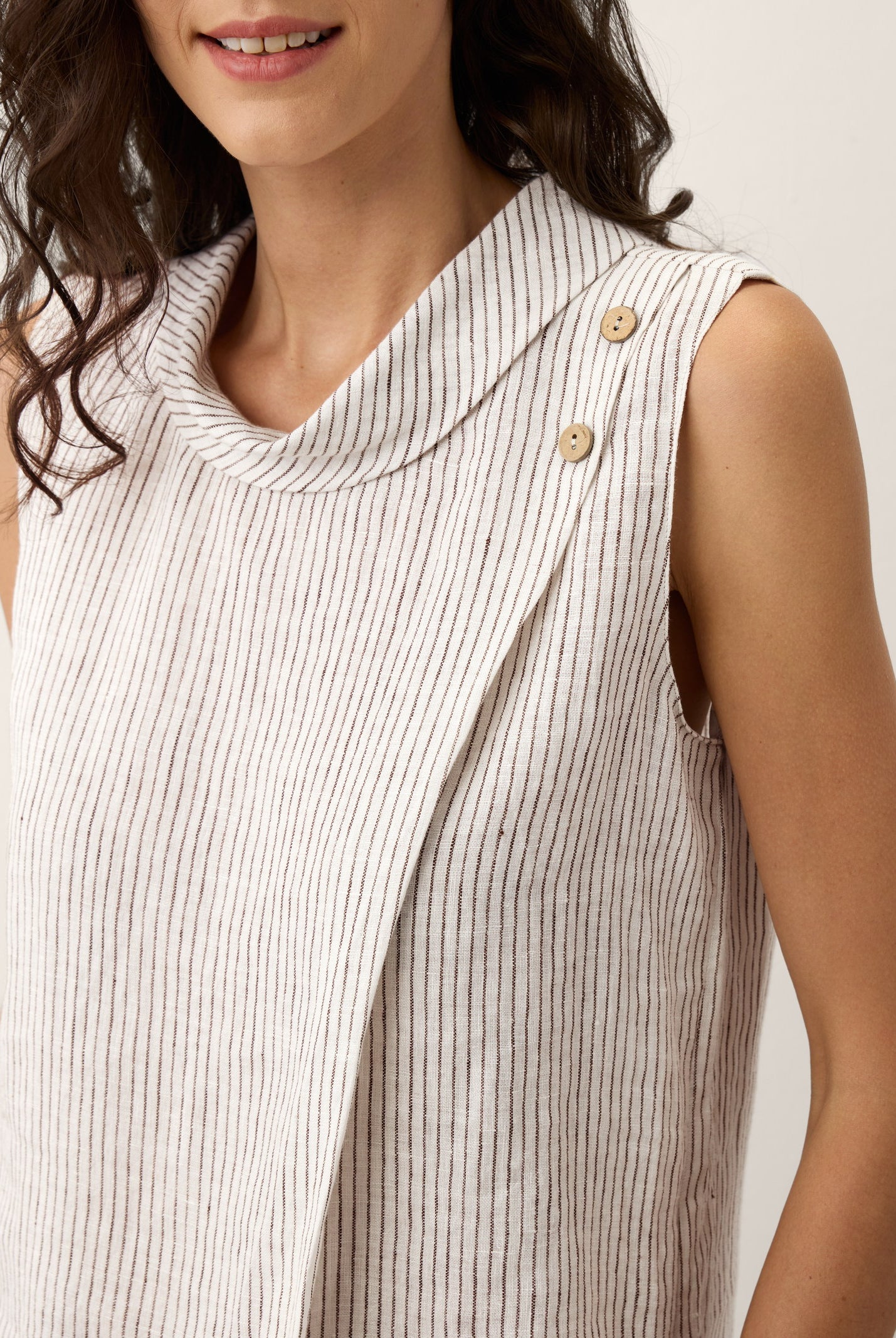 100% Linen Striped Diagonal Pleat Mock Neck Top ESTHER by LINTICO for women