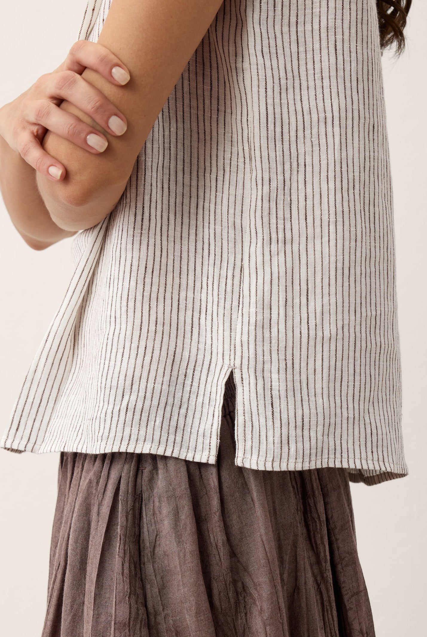 100% Linen Striped Diagonal Pleat Mock Neck Top ESTHER by LINTICO for women