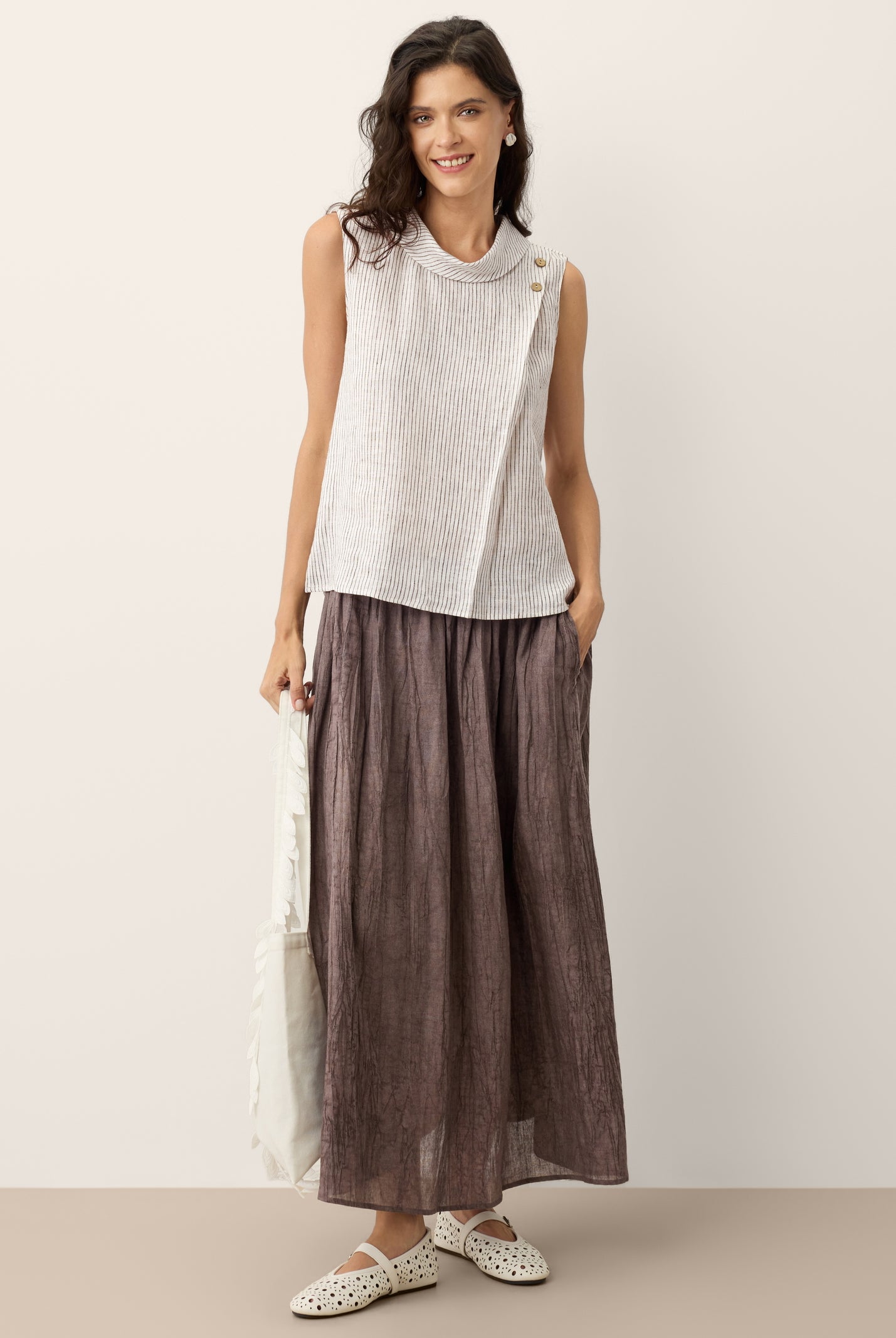 100% Linen Striped Diagonal Pleat Mock Neck Top ESTHER by LINTICO for women