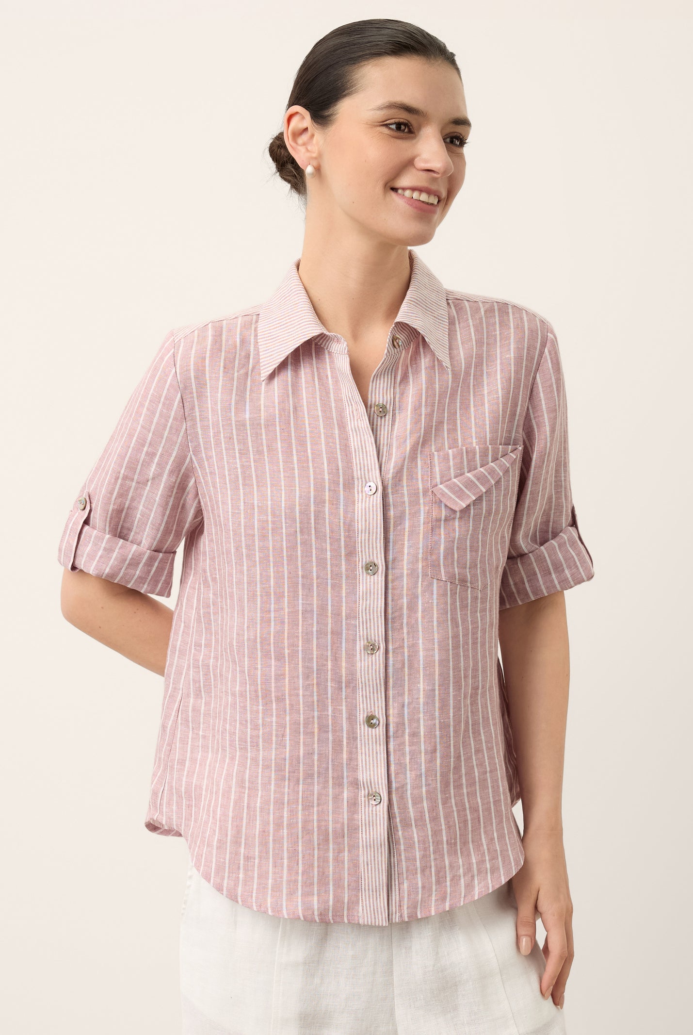 100% Linen Striped Roll Tab Three Quarter Sleeve Shirt MELORA by LINTICO for women