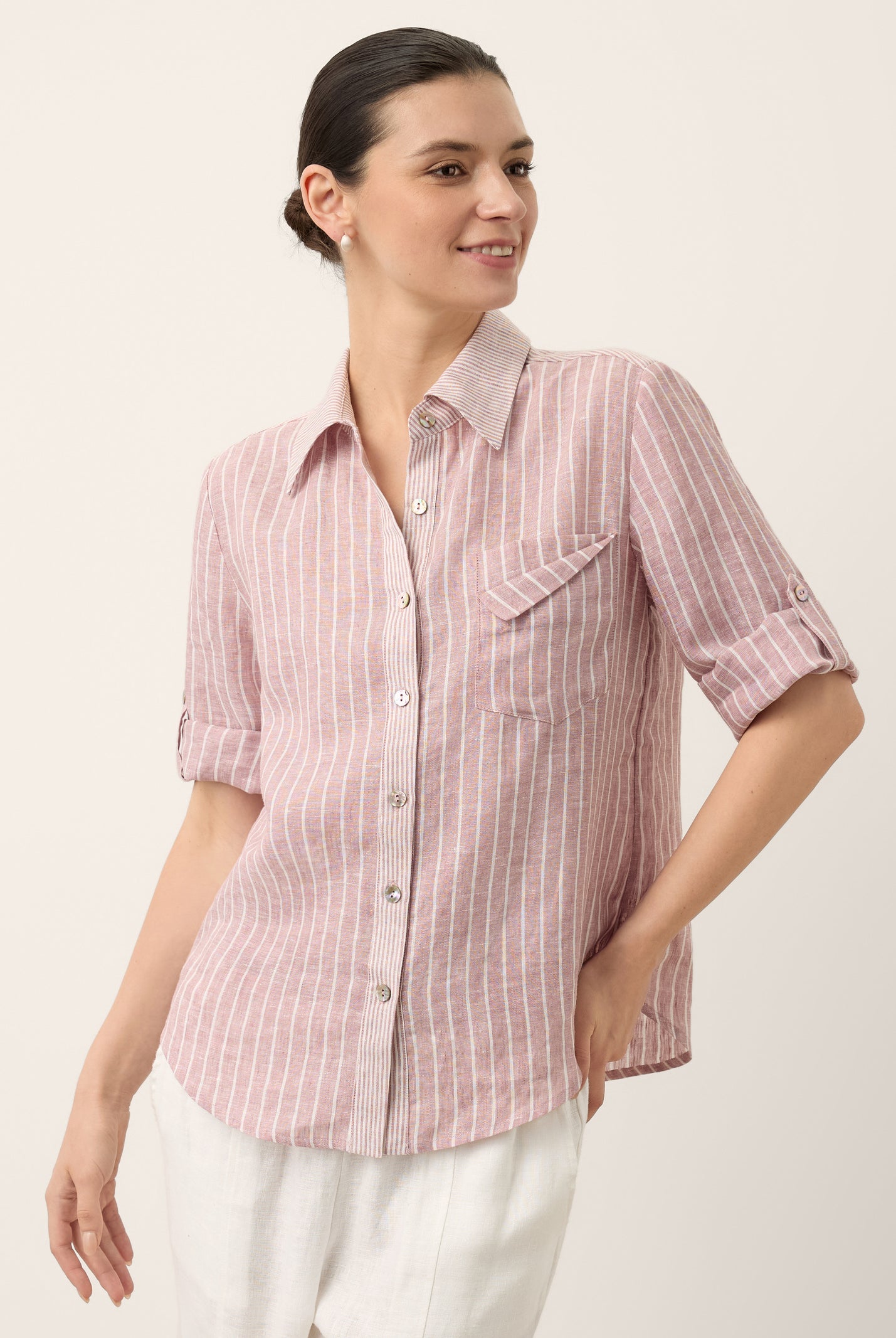 100% Linen Striped Roll Tab Three Quarter Sleeve Shirt MELORA by LINTICO for women