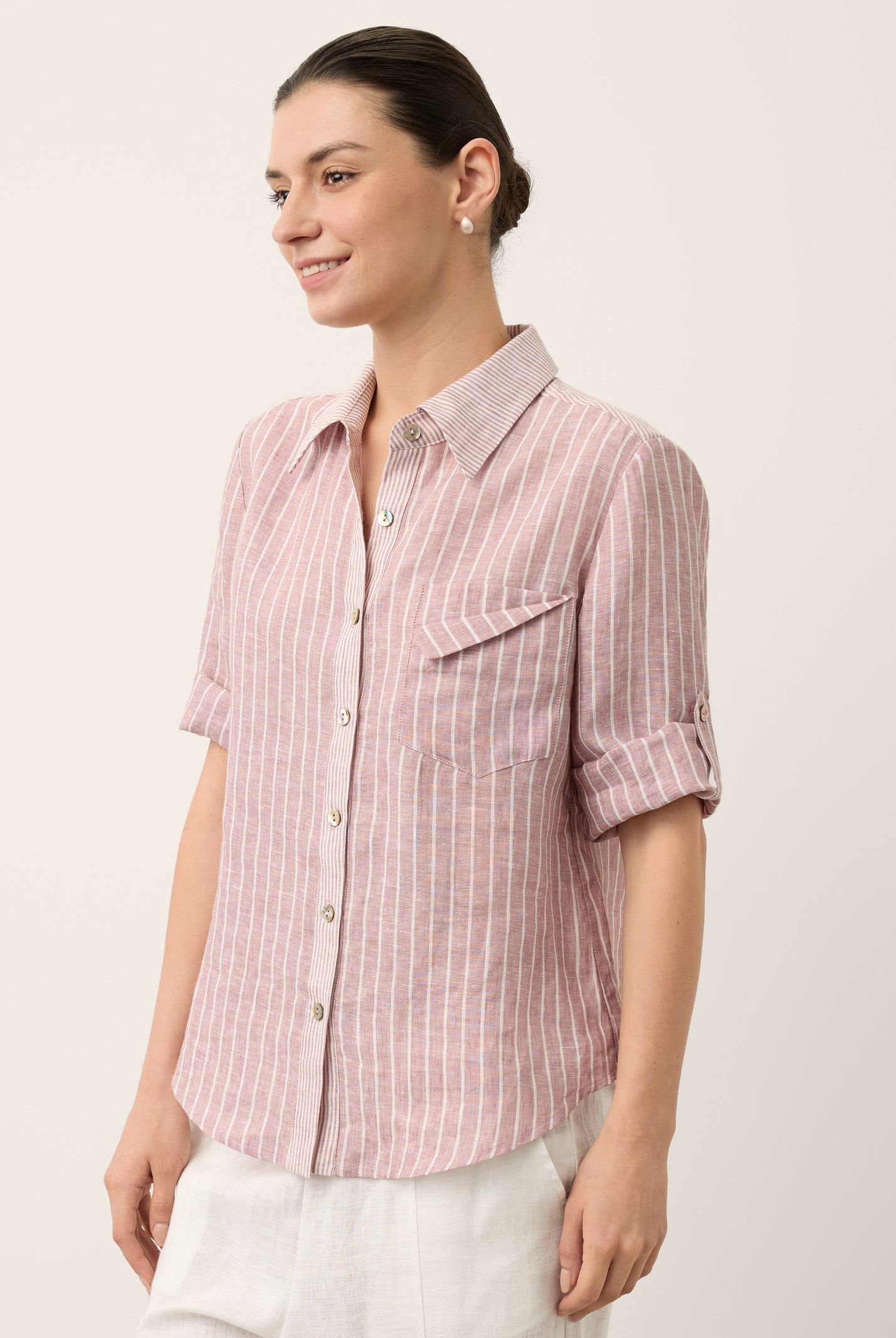 100% Linen Striped Roll Tab Three Quarter Sleeve Shirt MELORA by LINTICO for women