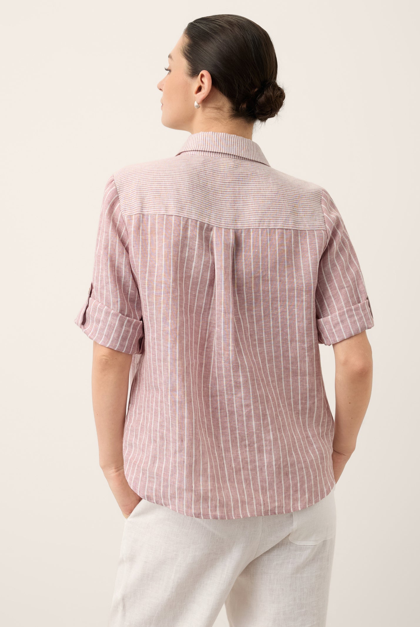 100% Linen Striped Roll Tab Three Quarter Sleeve Shirt MELORA by LINTICO for women