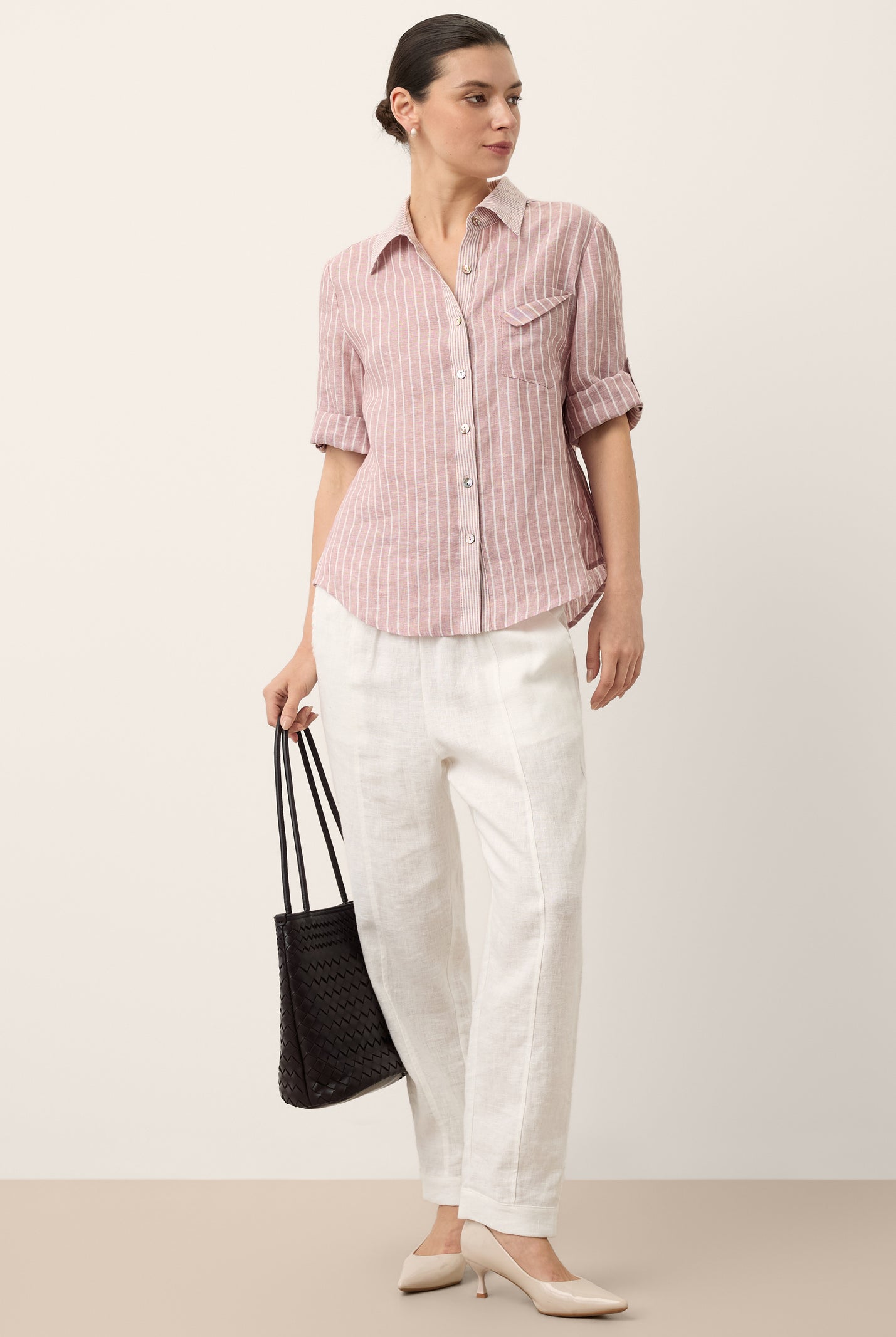 100% Linen Striped Roll Tab Three Quarter Sleeve Shirt MELORA by LINTICO for women