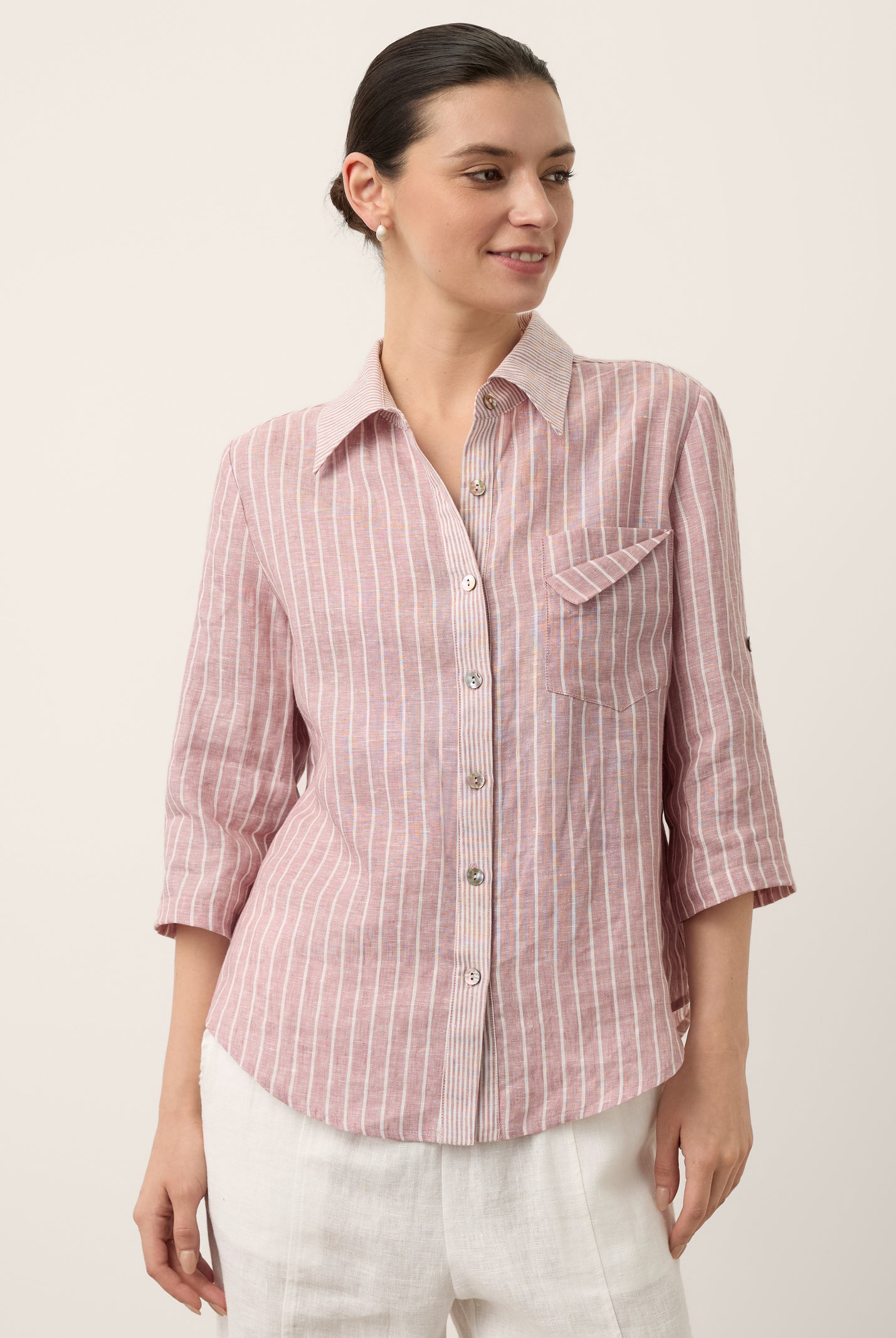 100% Linen Striped Roll Tab Three Quarter Sleeve Shirt MELORA by LINTICO for women