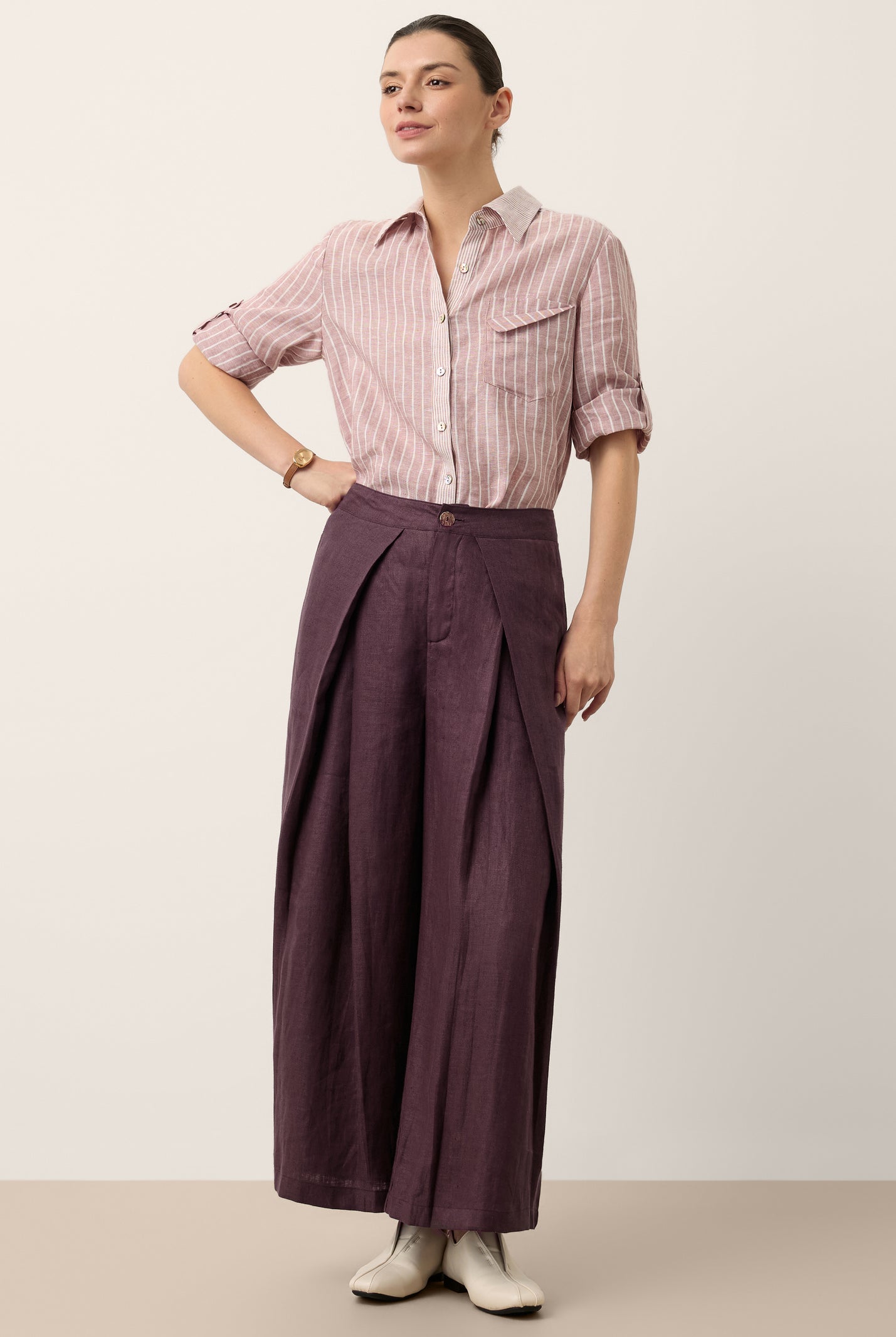 100% Linen Striped Roll Tab Three Quarter Sleeve Shirt MELORA by LINTICO for women