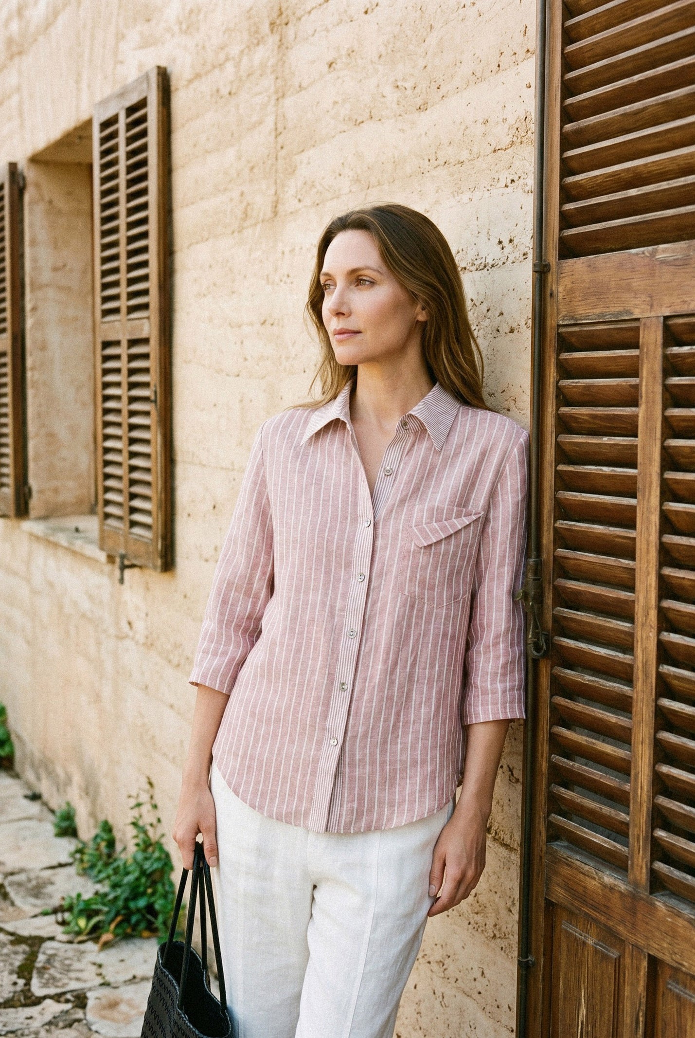 100% Linen Striped Roll Tab Three Quarter Sleeve Shirt MELORA by LINTICO for women