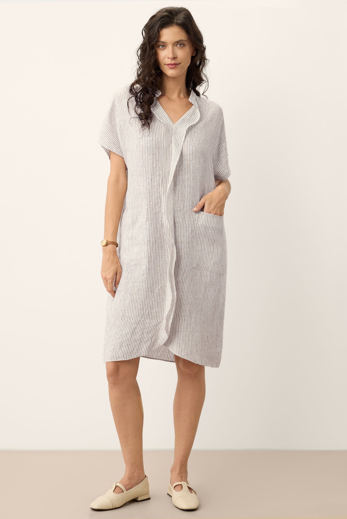 100% Linen Striped Ruffle Placket Shirt Dress GLORIA by LINTICO for women