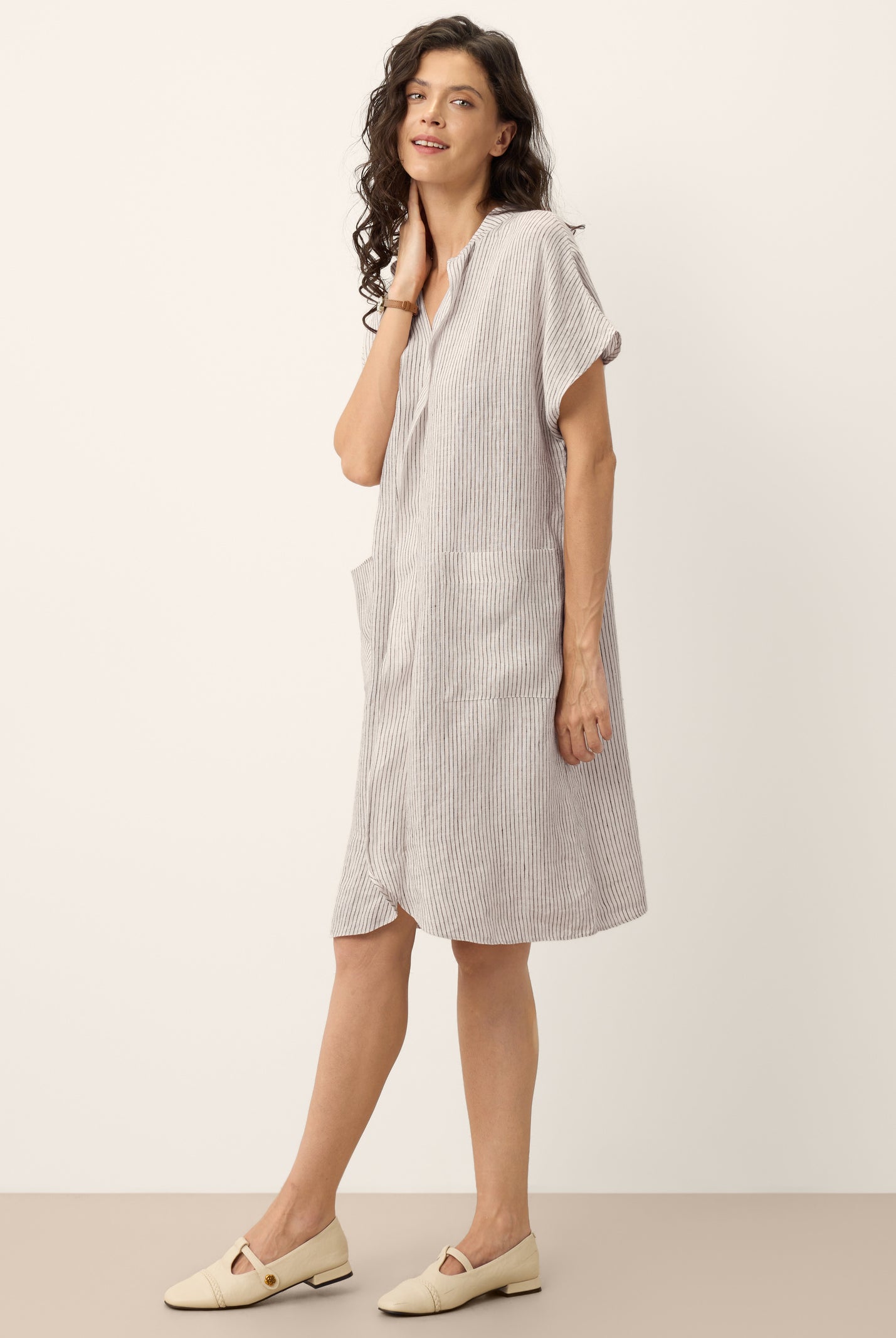 100% Linen Striped Ruffle Placket Shirt Dress GLORIA by LINTICO for women