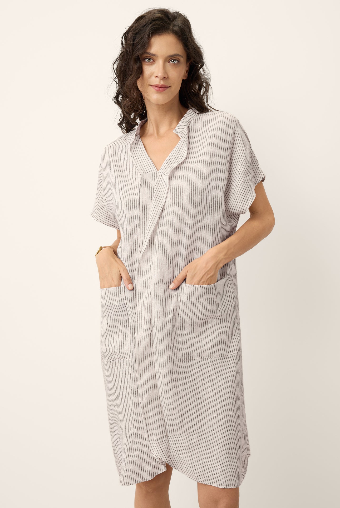 100% Linen Striped Ruffle Placket Shirt Dress GLORIA by LINTICO for women