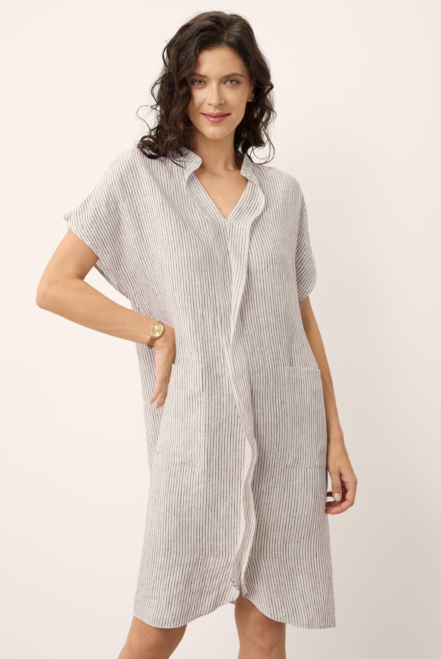 100% Linen Striped Ruffle Placket Shirt Dress GLORIA by LINTICO for women