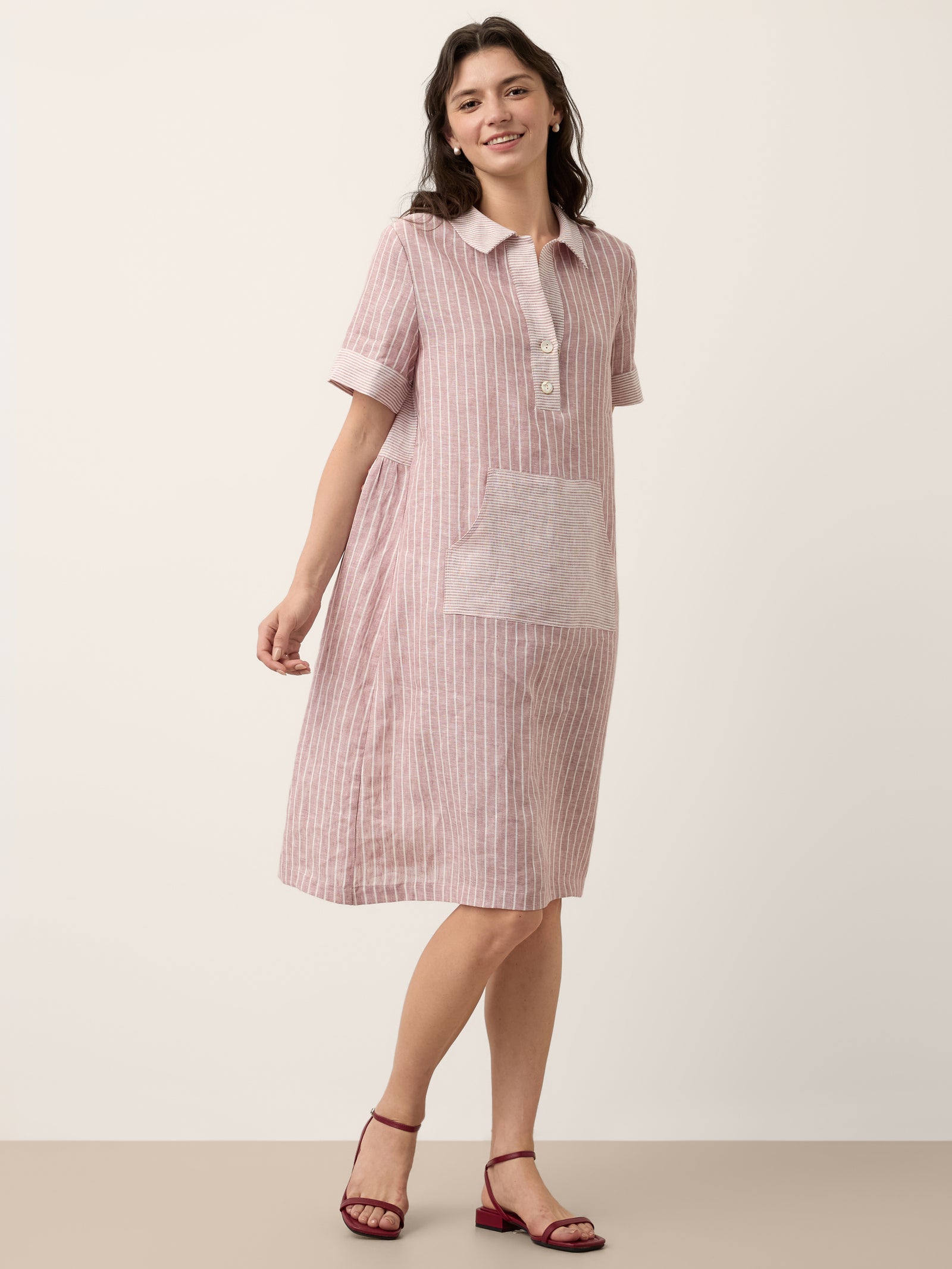 100% Linen Striped Shirt Collar Midi Shirt Dress NOELLE by LINTICO