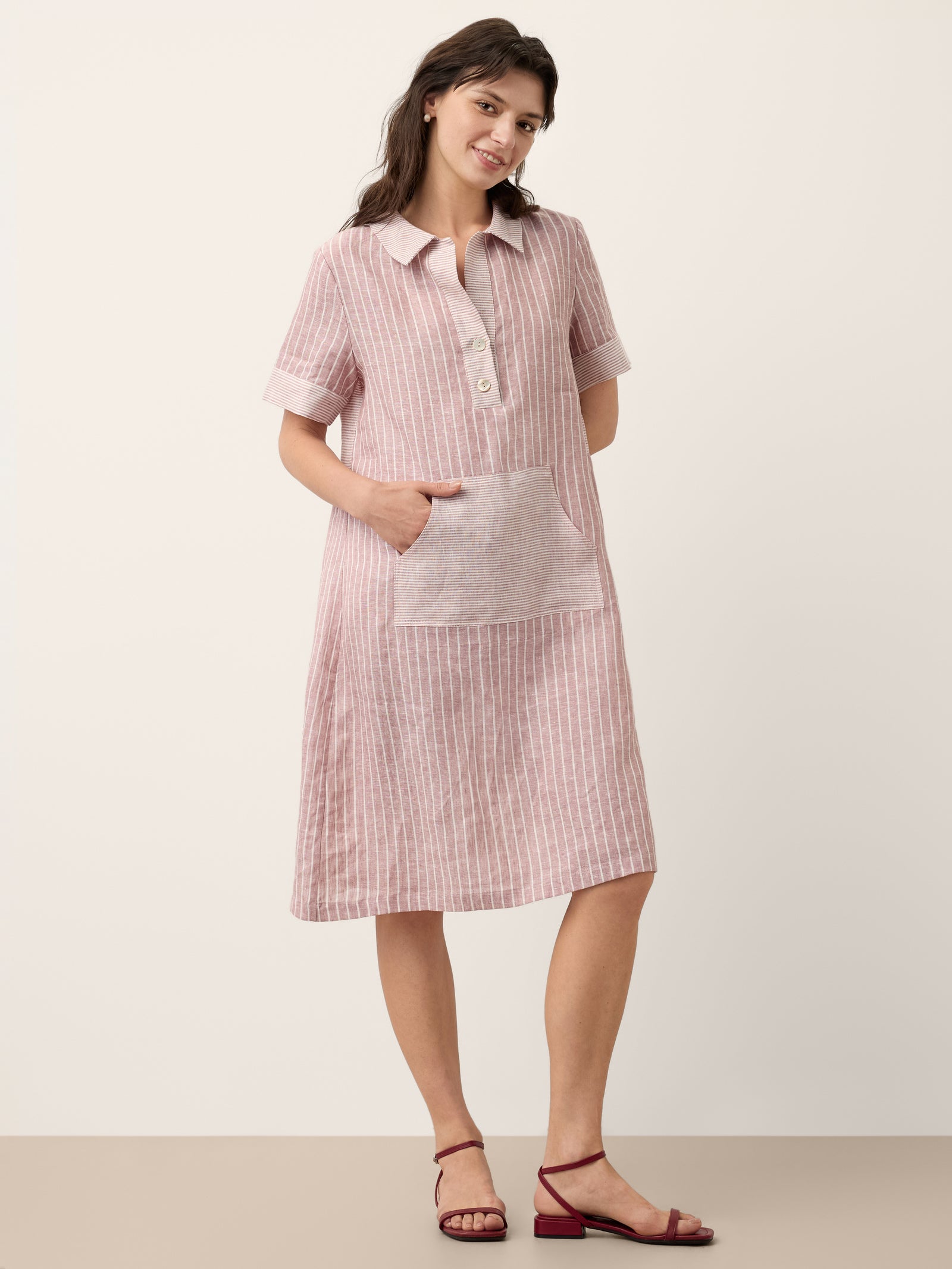 100% Linen Striped Shirt Collar Midi Shirt Dress NOELLE by LINTICO