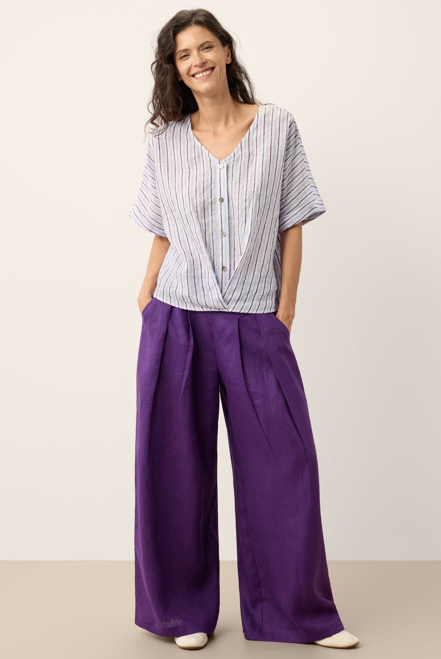 100% Linen Striped Surplice Cocoon Top CATHERINE by LINTICO for women