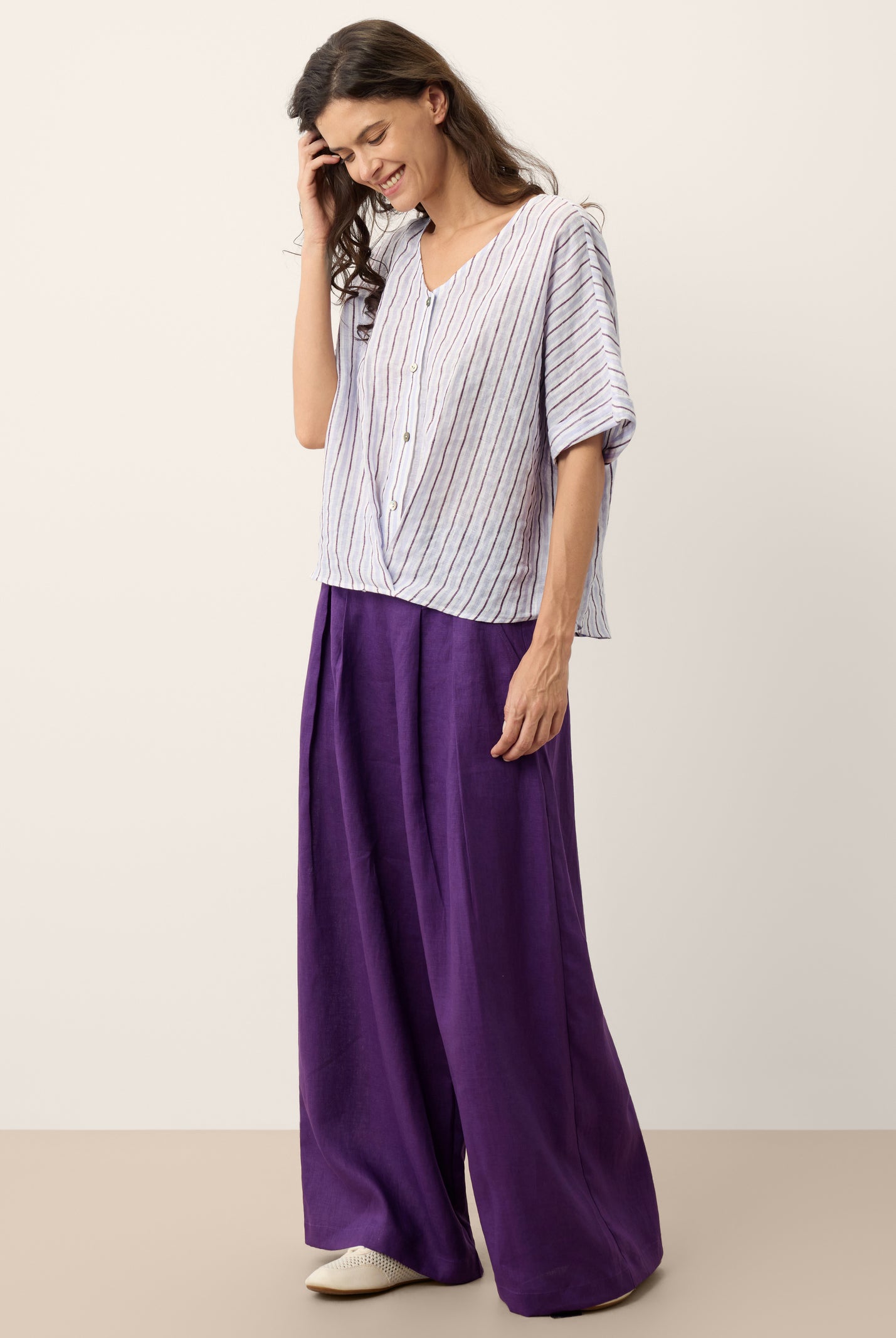 100% Linen Striped Surplice Cocoon Top CATHERINE by LINTICO for women