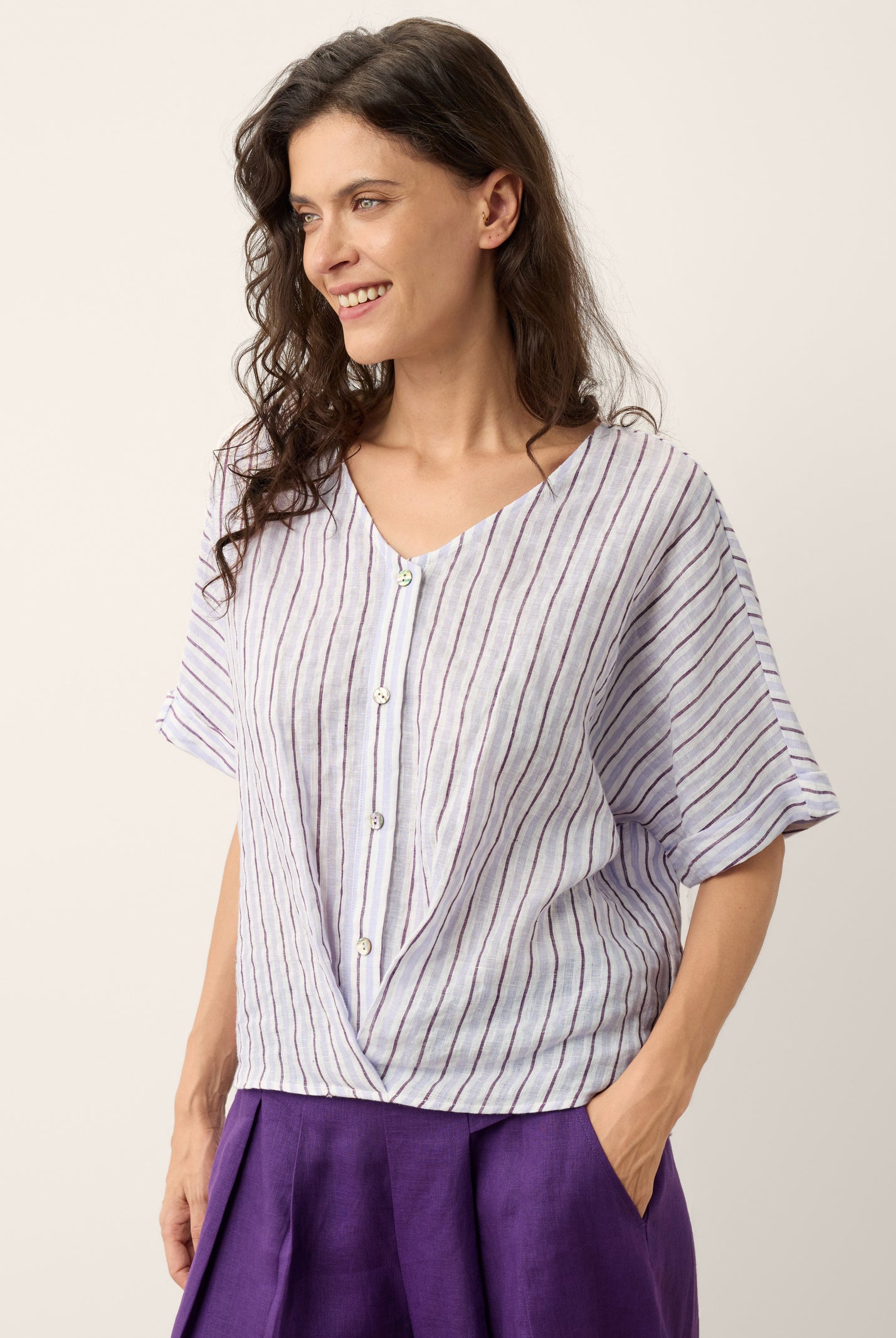 100% Linen Striped Surplice Cocoon Top CATHERINE by LINTICO for women