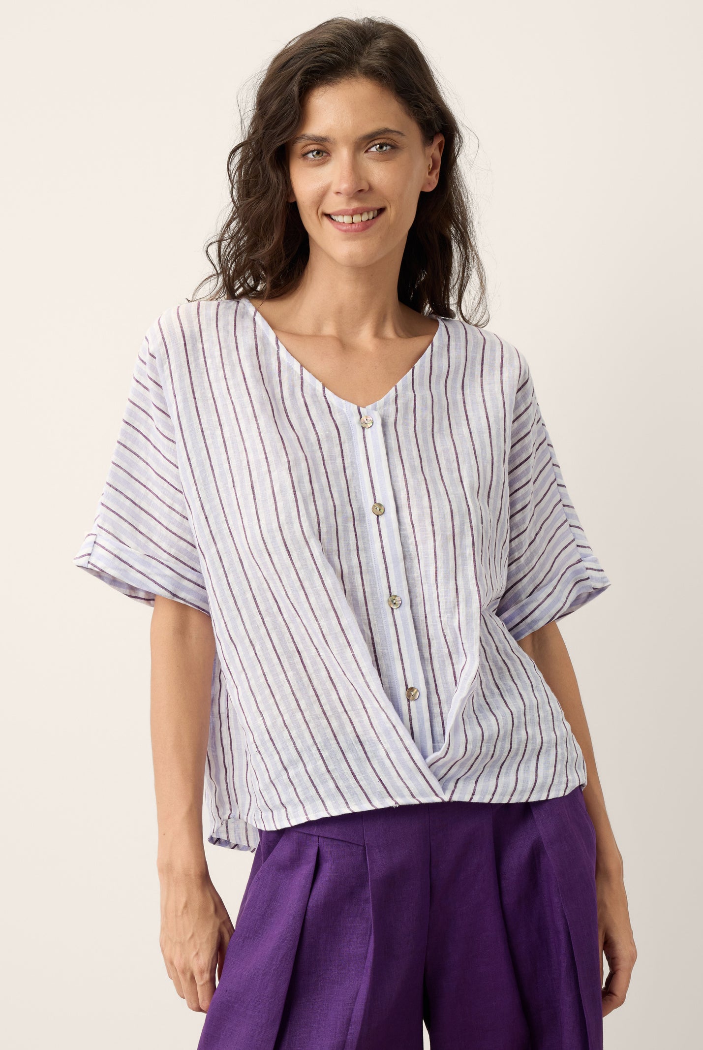100% Linen Striped Surplice Cocoon Top CATHERINE by LINTICO for women