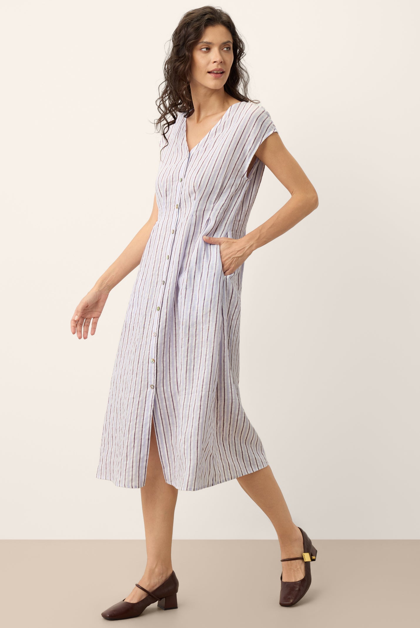 100% Linen Striped Tailored Cap Sleeve Midi Dress AGNES by LINTICO for women