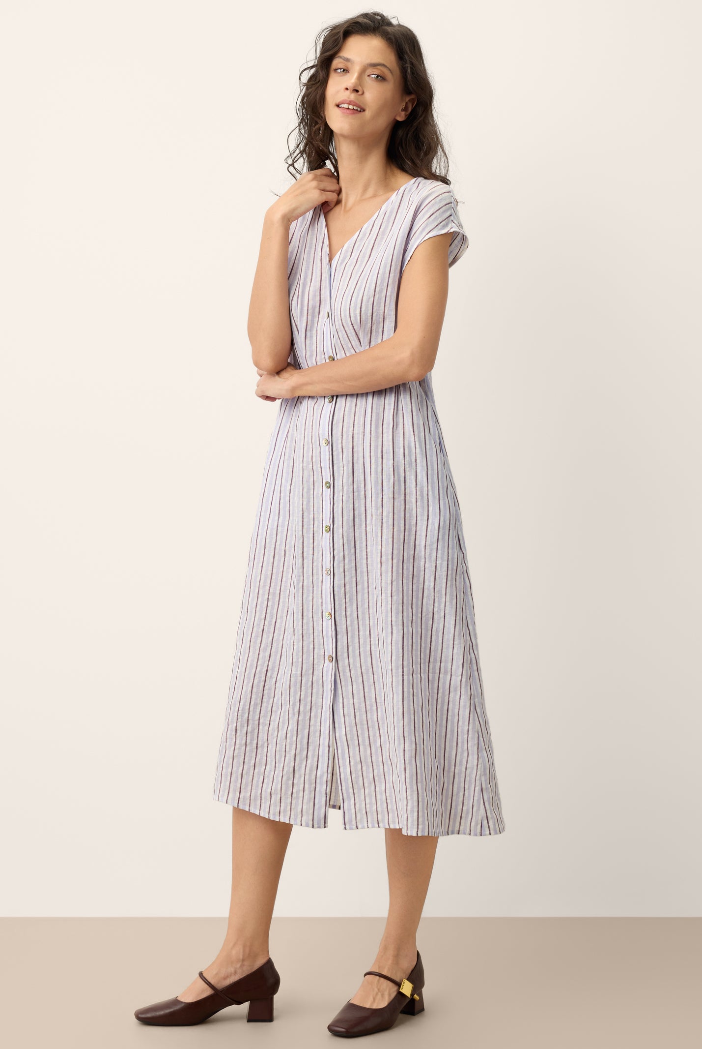 100% Linen Striped Tailored Cap Sleeve Midi Dress AGNES by LINTICO for women
