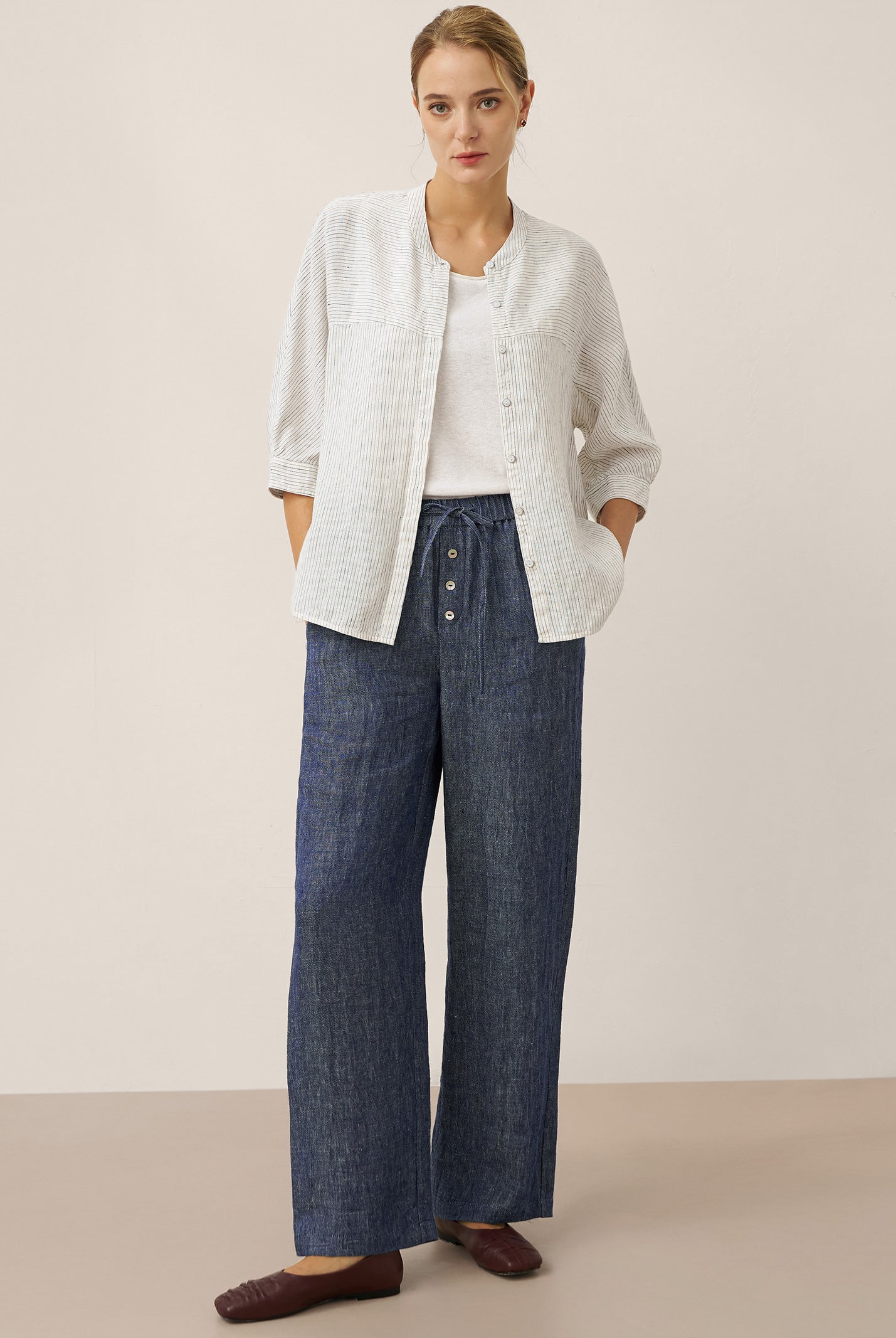 100% Linen Striped Three-Quarter Sleeve Shirt SKYLAR by LINTICO for women
