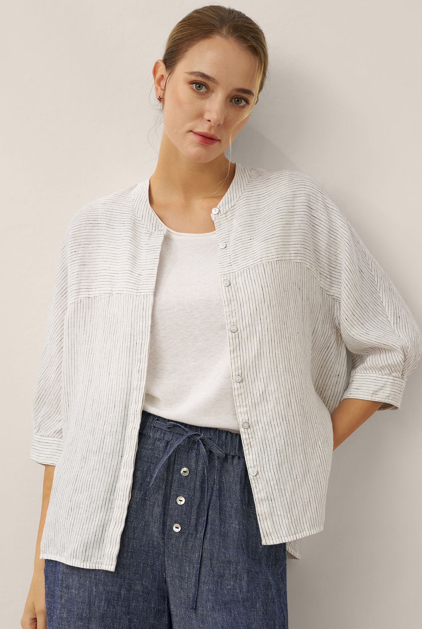 100% Linen Striped Three-Quarter Sleeve Shirt SKYLAR by LINTICO for women