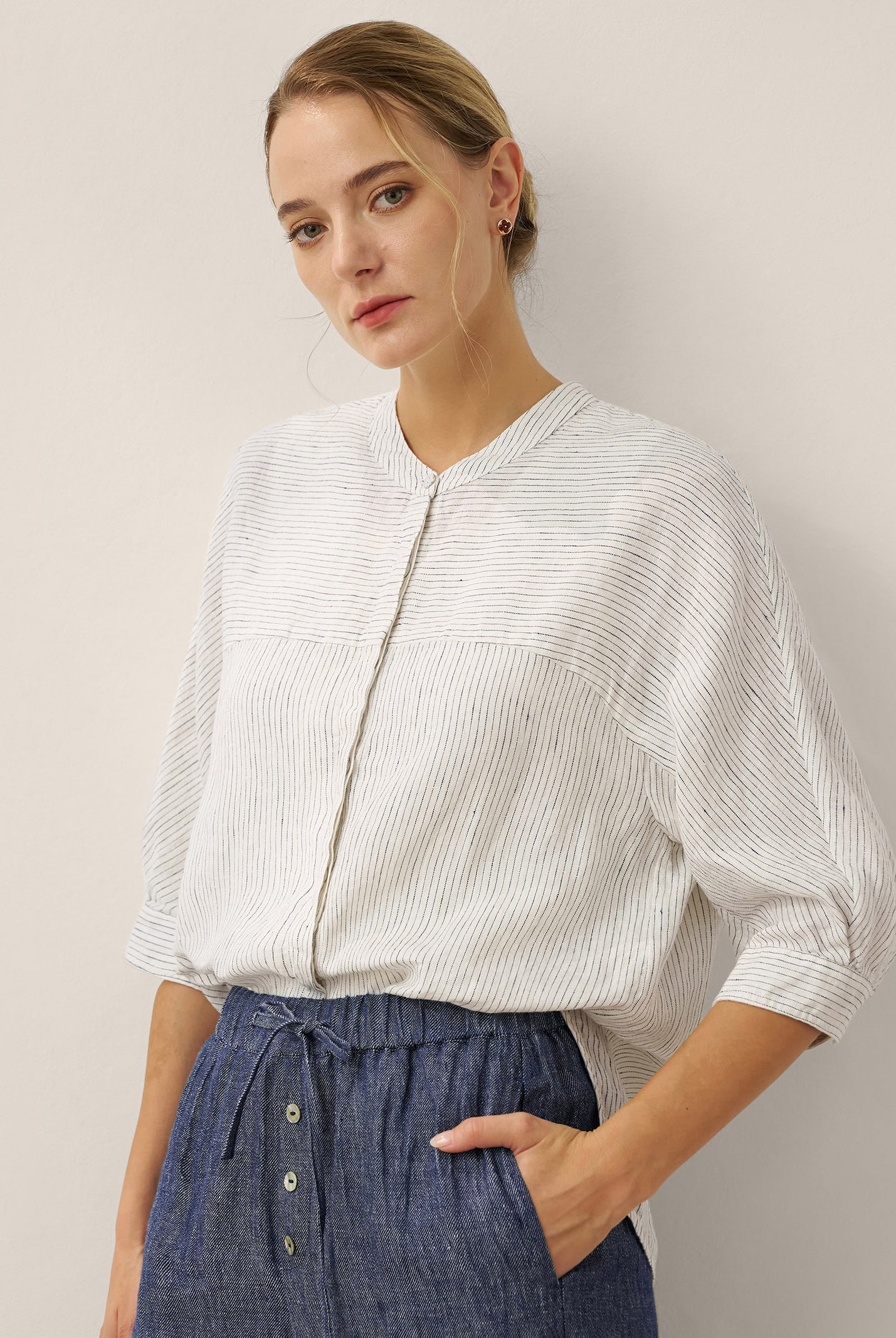 100% Linen Striped Three-Quarter Sleeve Shirt SKYLAR by LINTICO for women
