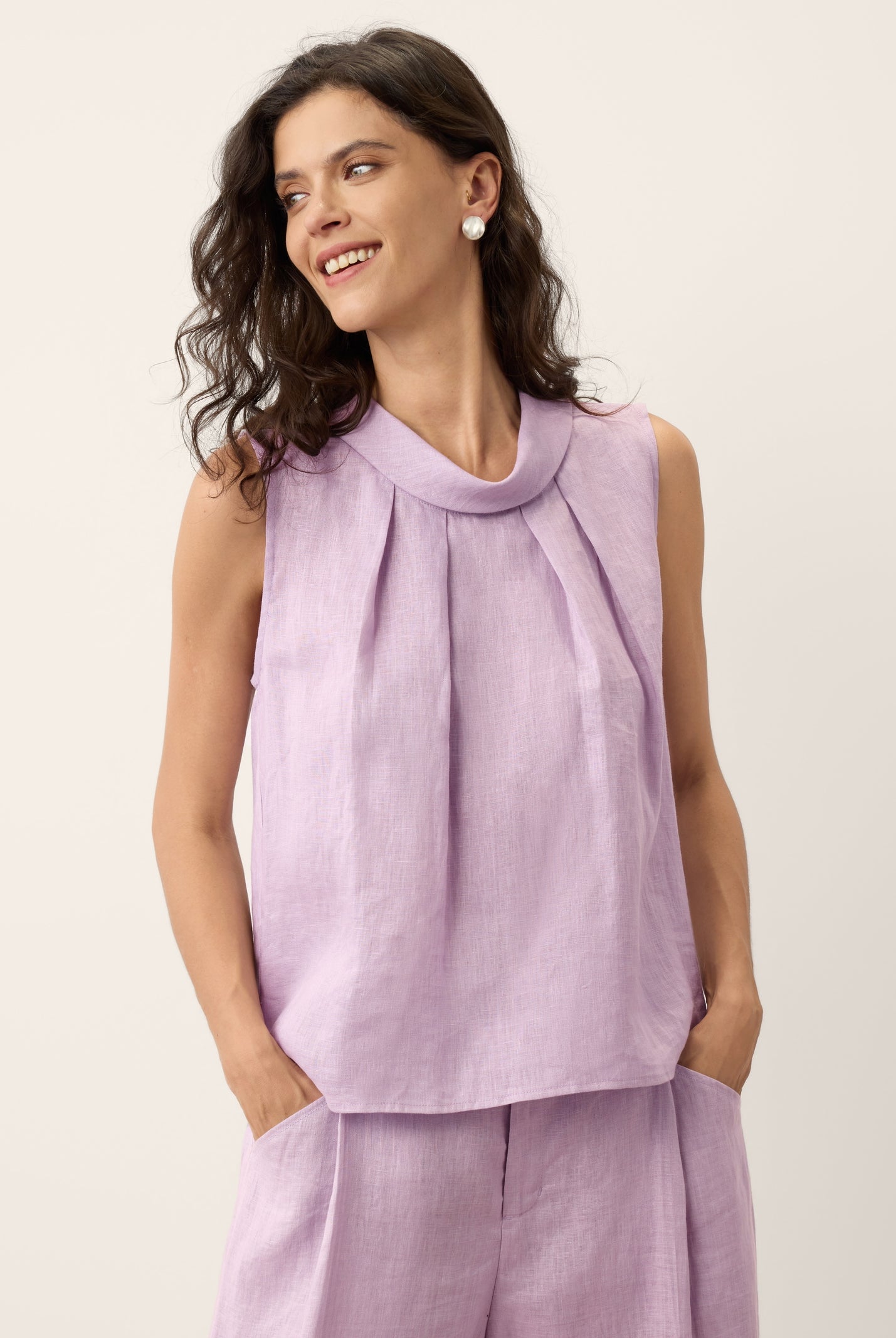 100% Linen Structured Collar Sleeveless Blouse BLAIR by LINTICO for women