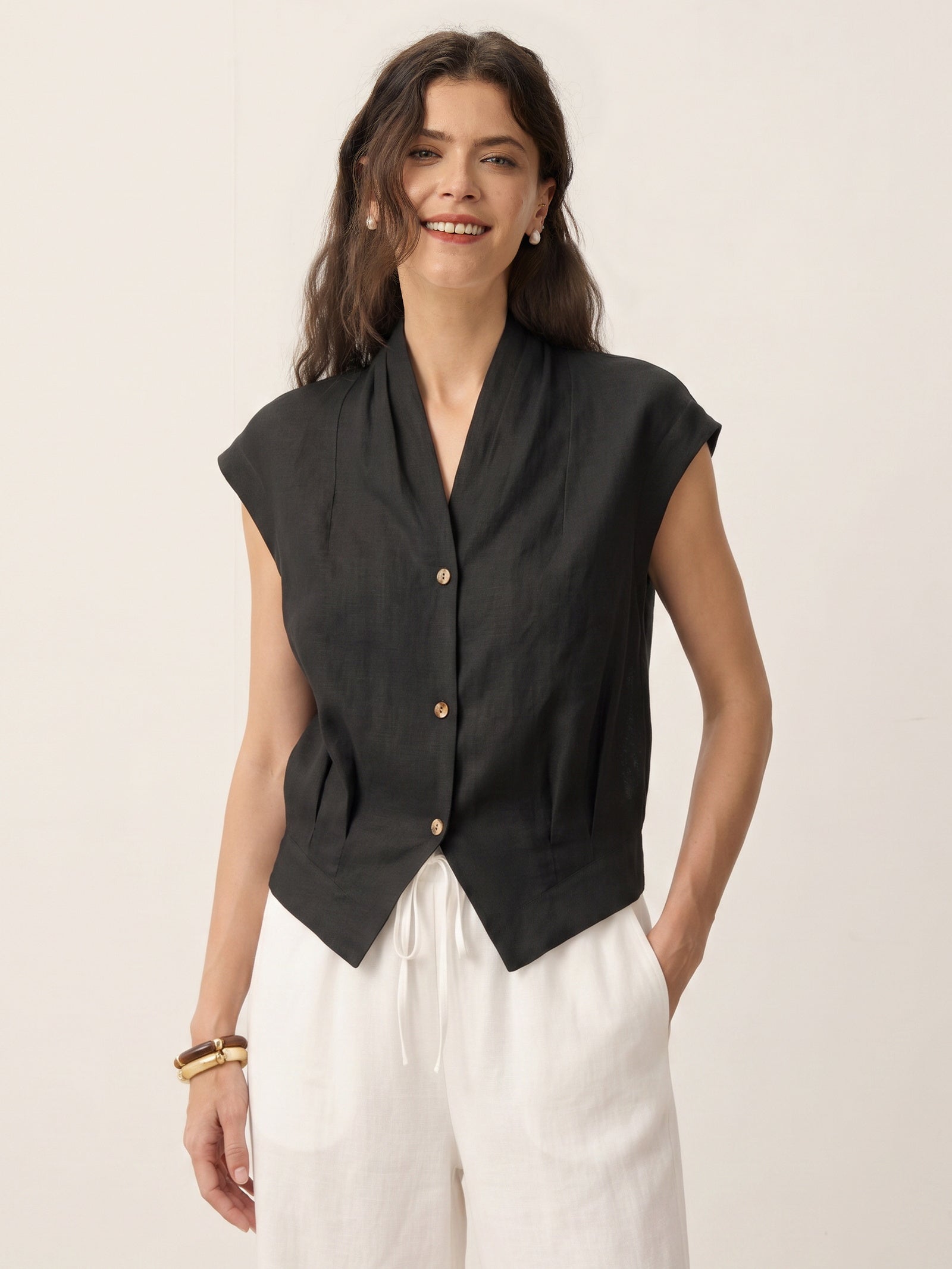 100% Linen Surplice Neck Elasticated Back Cropped Shirt VALERIA by LINTICO for women