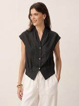 100% Linen Surplice Neck Elasticated Back Cropped Shirt VALERIA by LINTICO for women