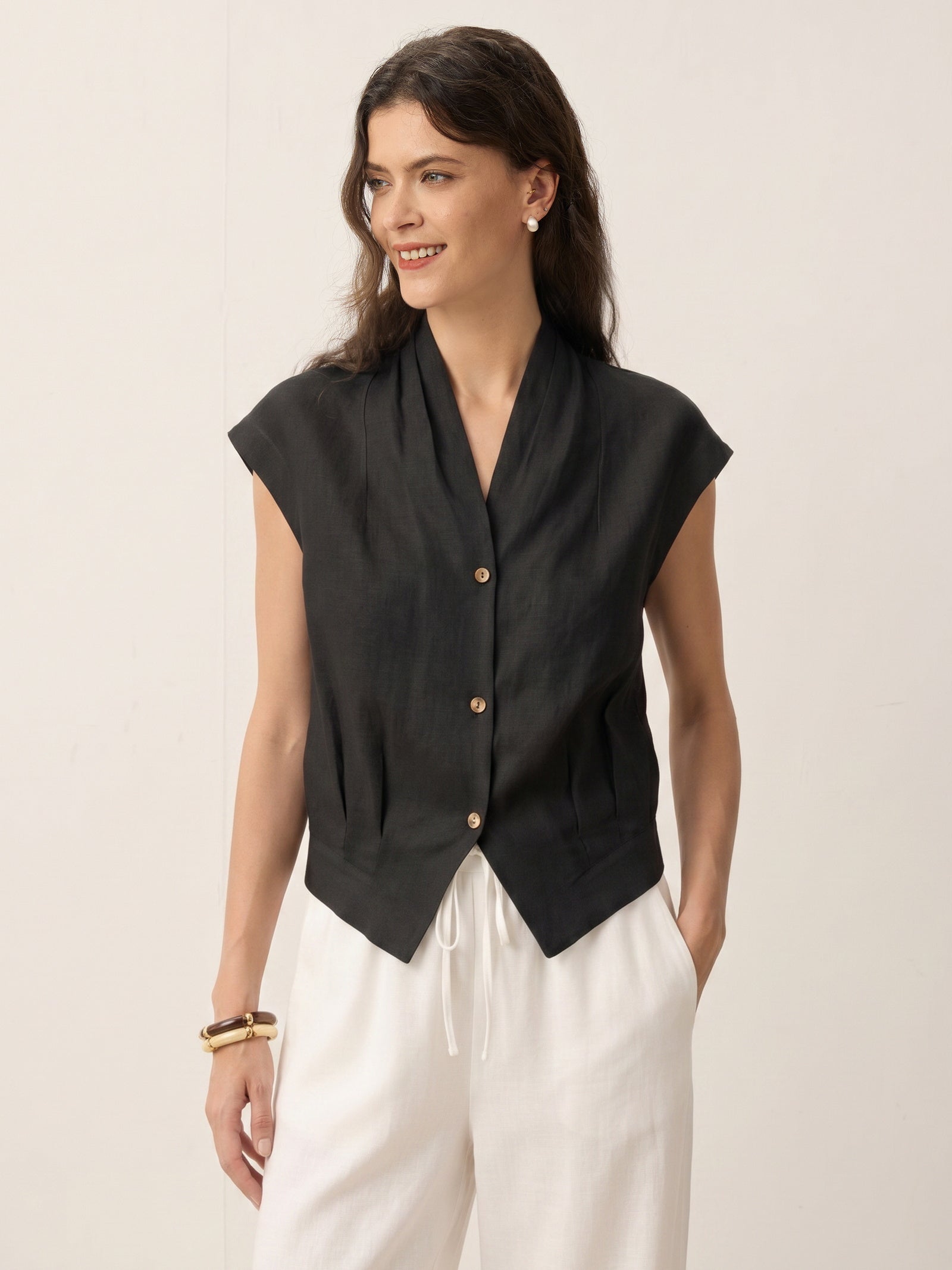 100% Linen Surplice Neck Elasticated Back Cropped Shirt VALERIA by LINTICO for women