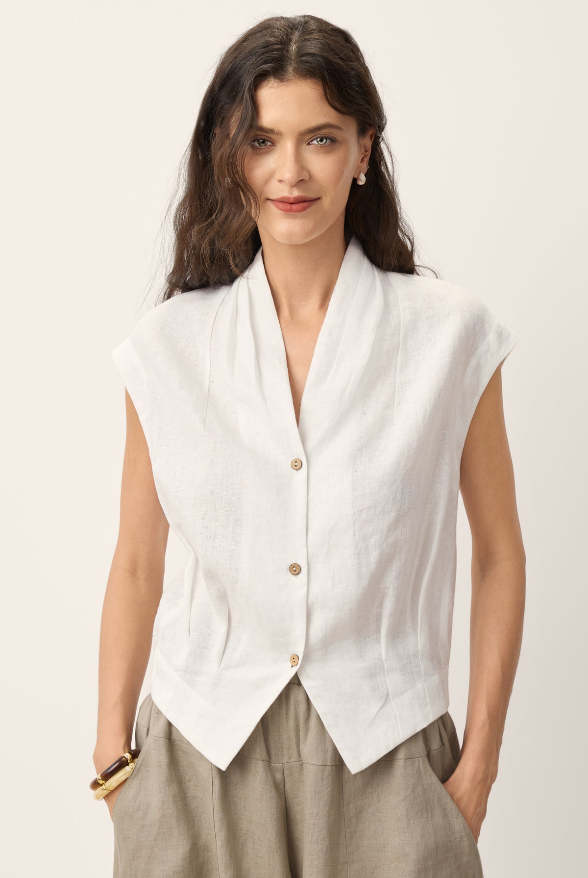 100% Linen Surplice Neck Elasticated Back Cropped Shirt VALERIA by LINTICO for women