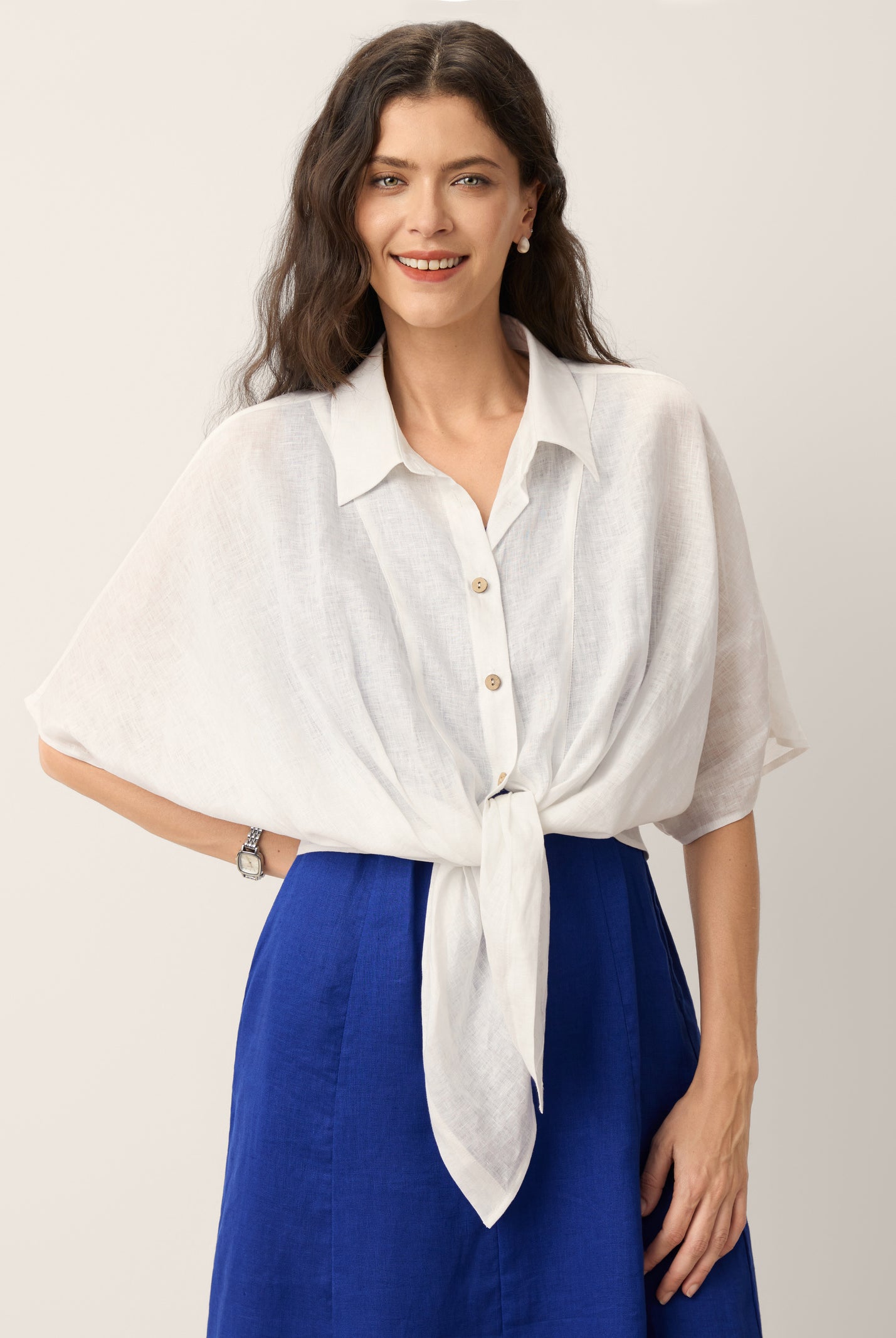 100% Linen Tie Hem Drop Shoulder Shirt XAVIERA by LINTICO for women