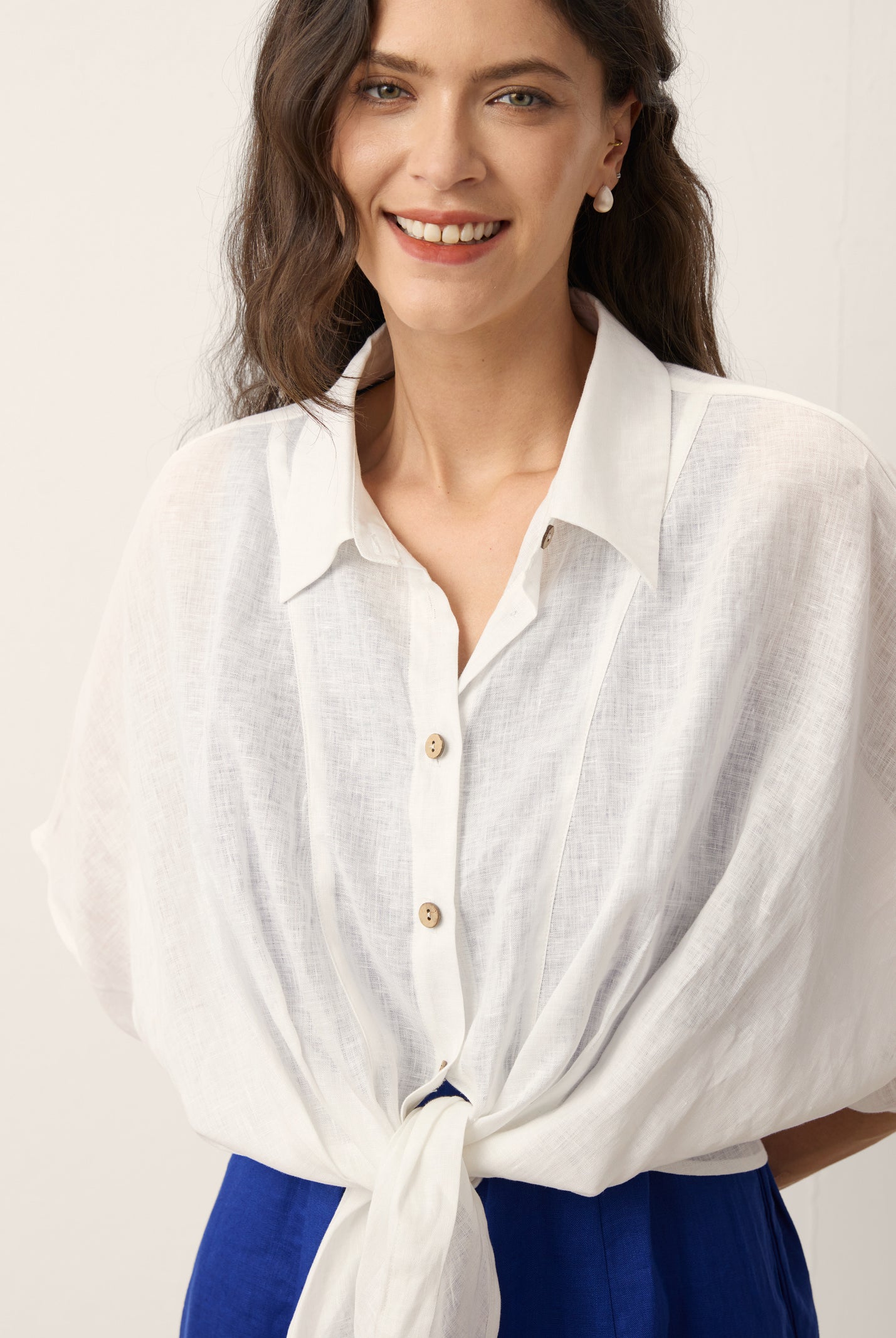 100% Linen Tie Hem Drop Shoulder Shirt XAVIERA by LINTICO for women