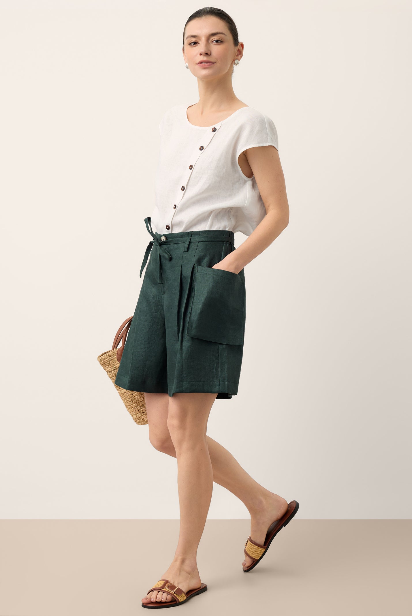 100% Linen Tie Waist Pleated Bermuda Shorts CADENCE by LINTICO for women