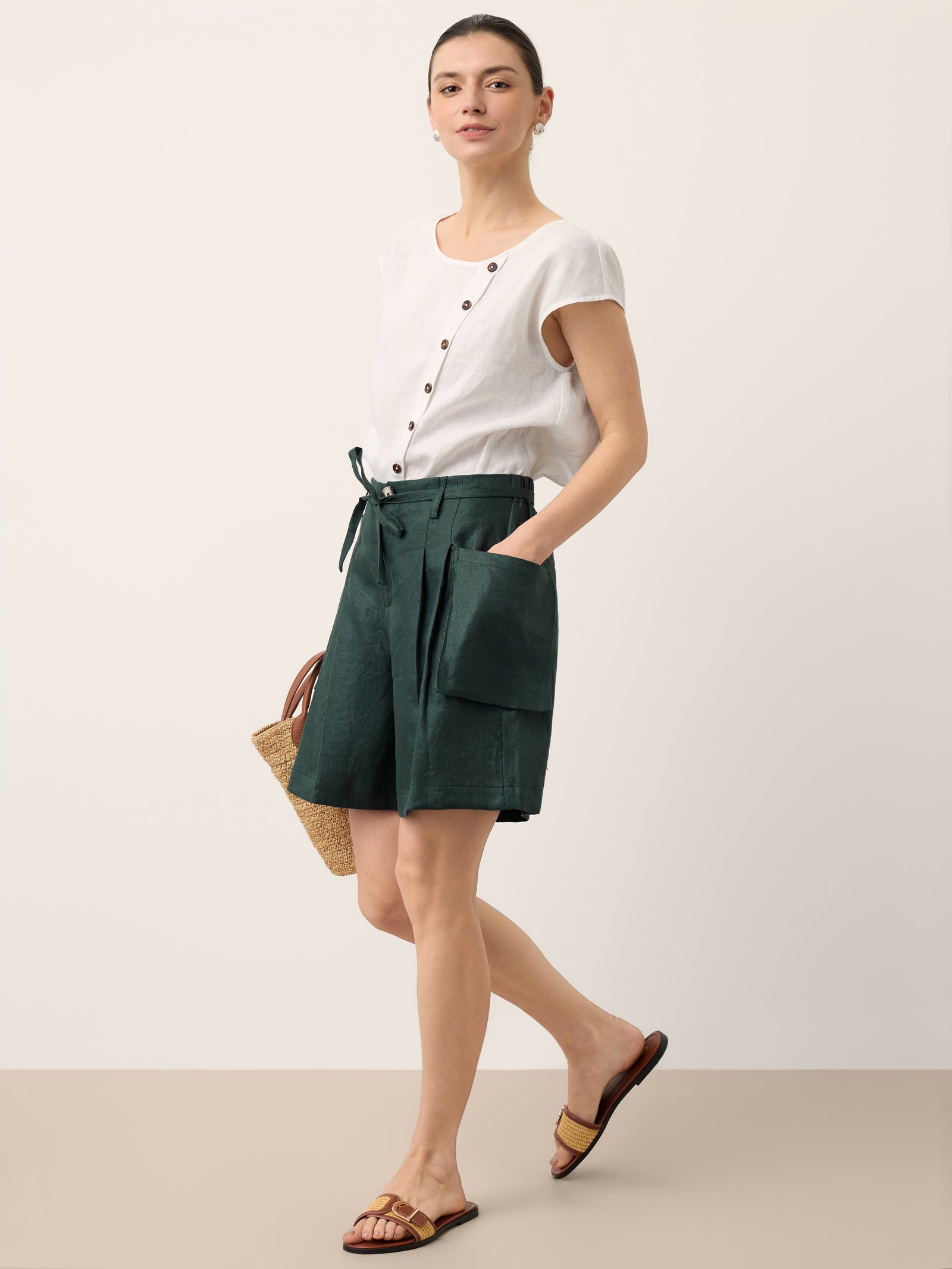 100% Linen Tie Waist Pleated Bermuda Shorts CADENCE by LINTICO for women