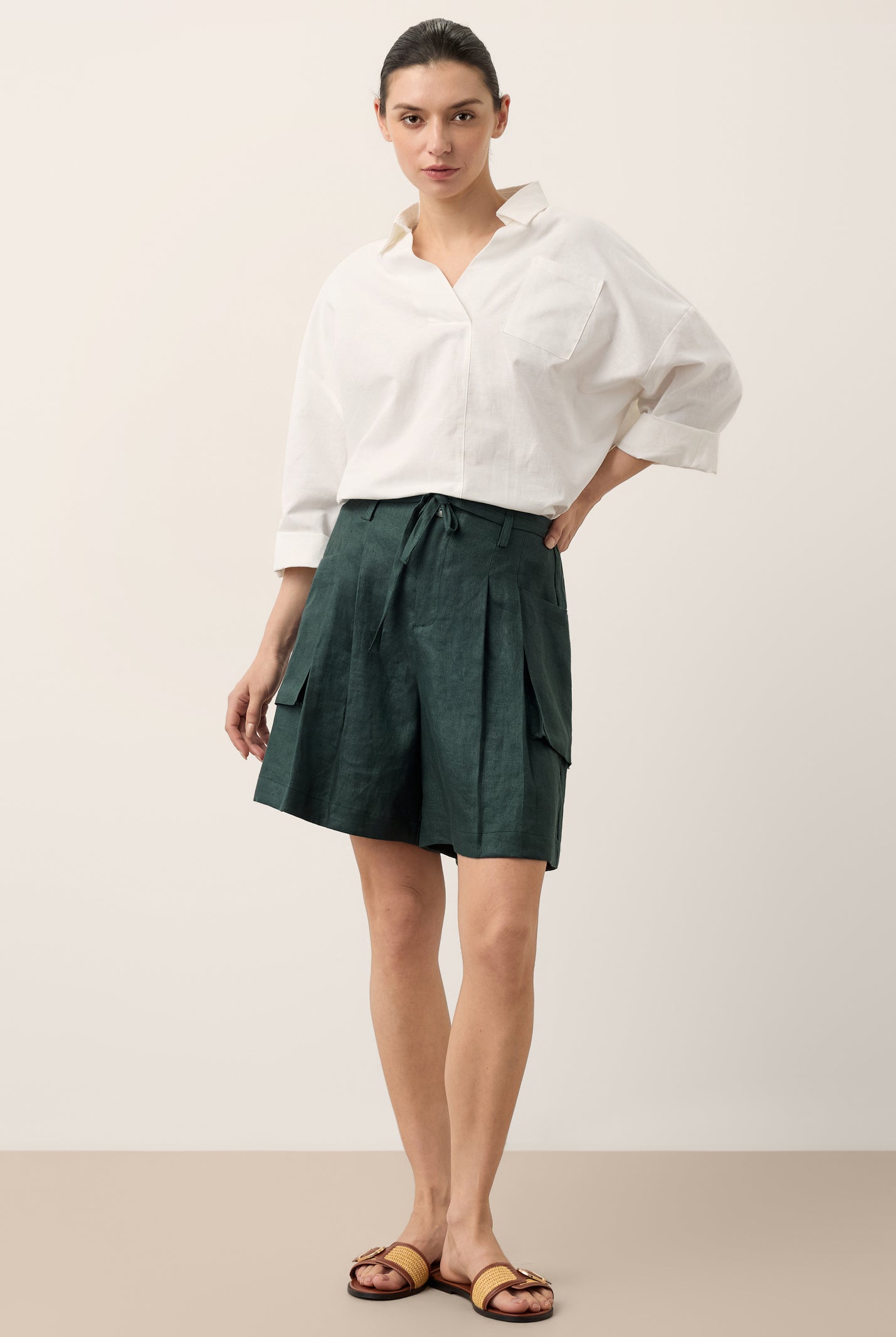 100% Linen Tie Waist Pleated Bermuda Shorts CADENCE by LINTICO for women