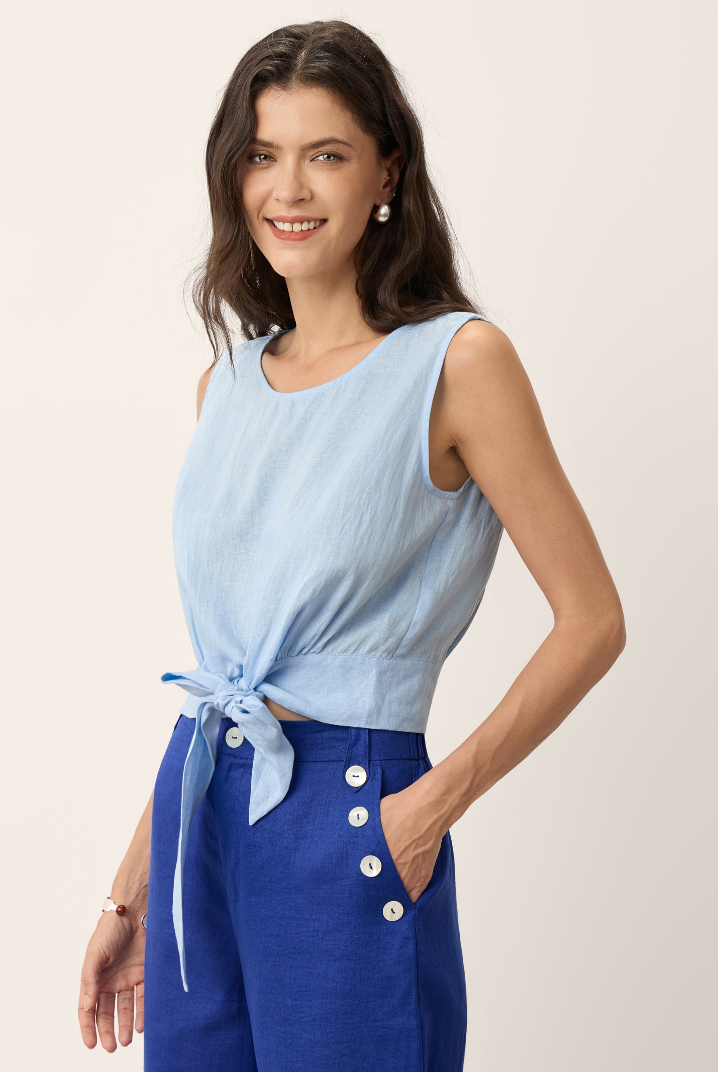 100% Linen Tie Waist Sleeveless Top ALTHEIA by LINTICO for women