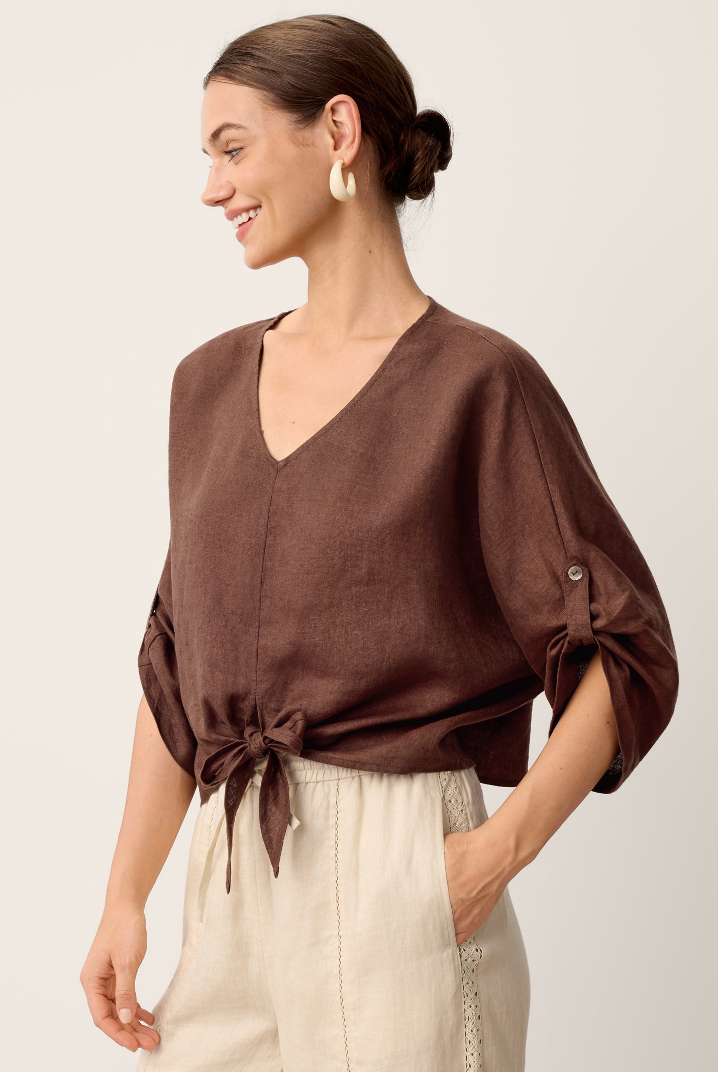 100% Linen Twist-Hem Batwing Top LAVENA by LINTICO for women