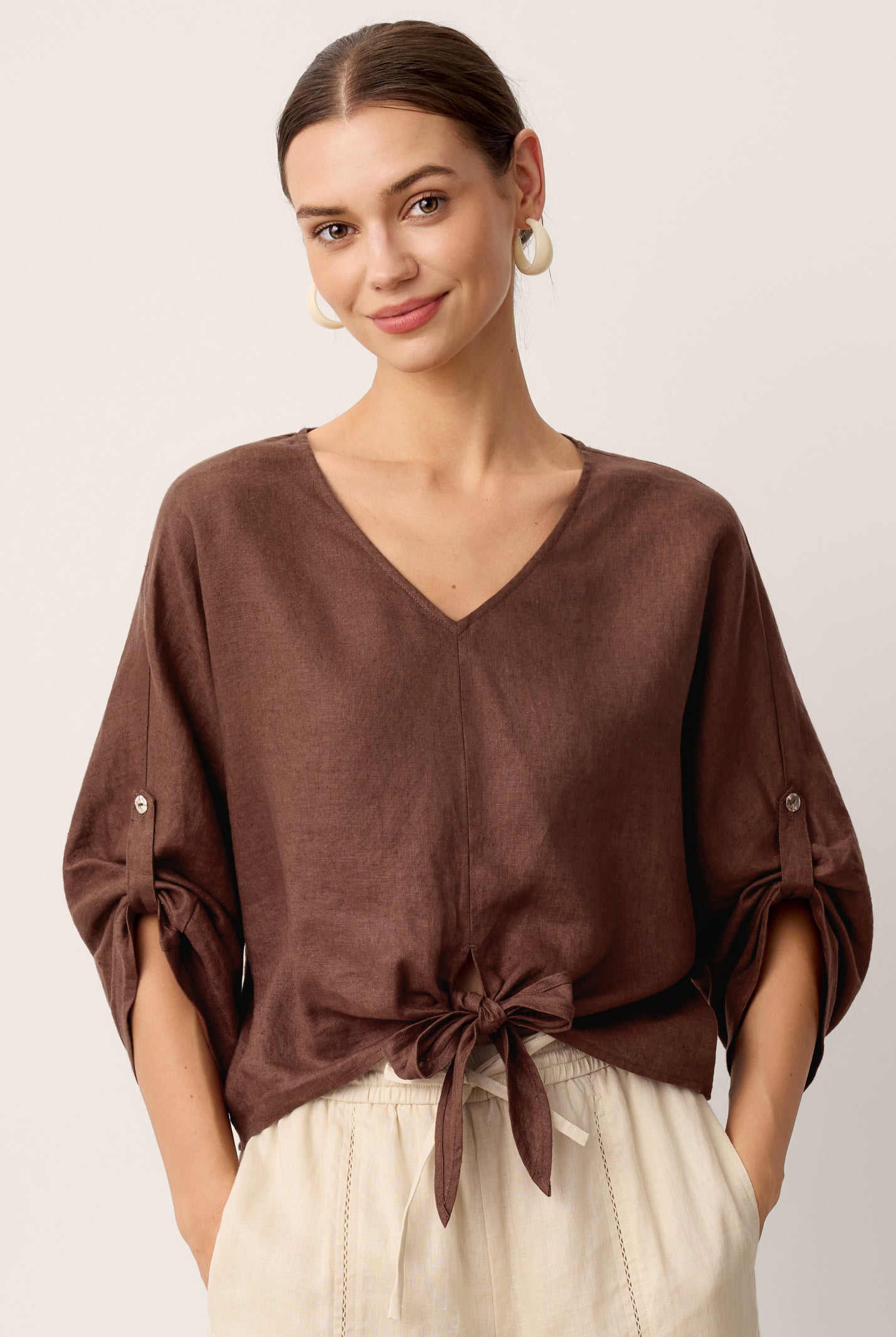 100% Linen Twist-Hem Batwing Top LAVENA by LINTICO for women