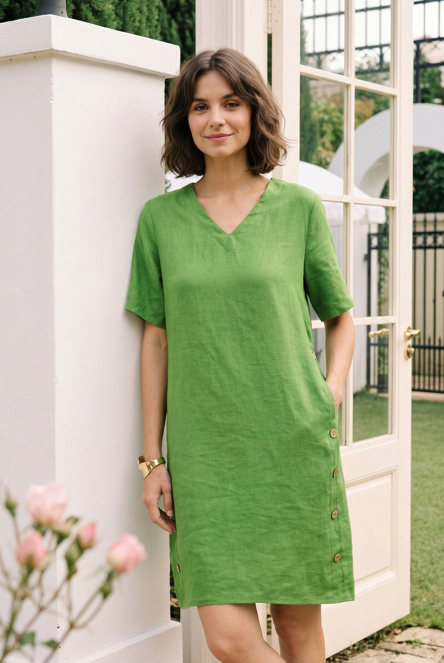100% Linen Wood Button Elasticated Back Cocoon Mini Dress ROSALIND by LINTICO for women
