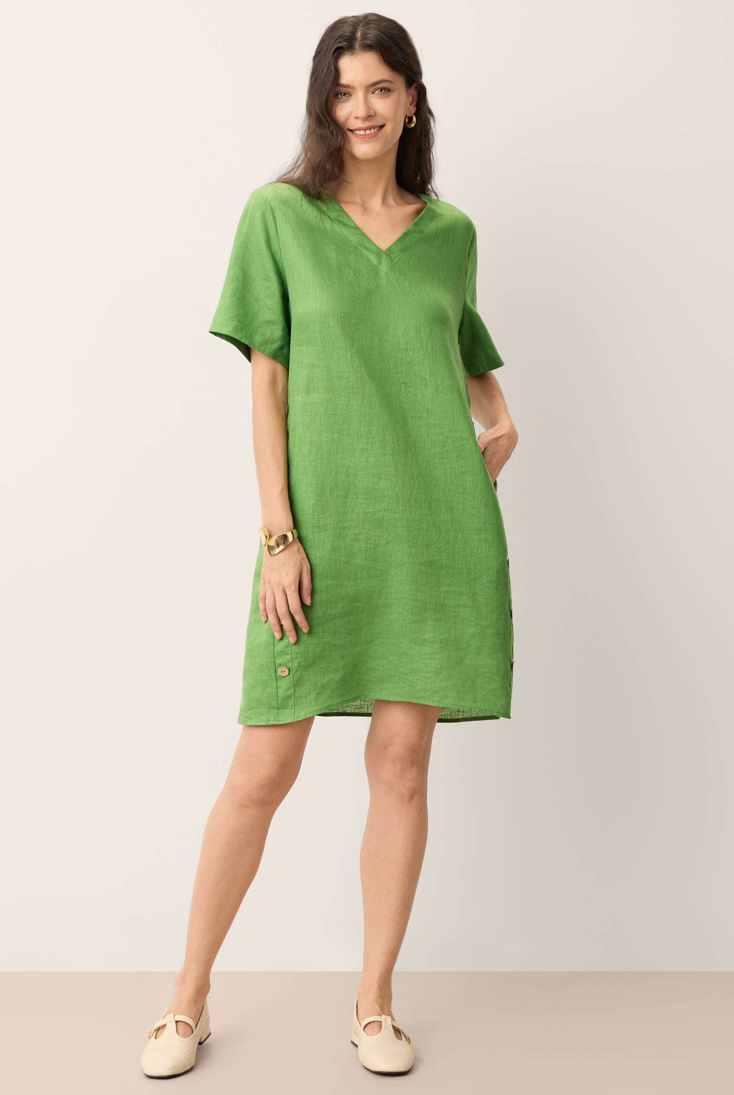 100% Linen Wood Button Elasticated Back Cocoon Mini Dress ROSALIND by LINTICO for women