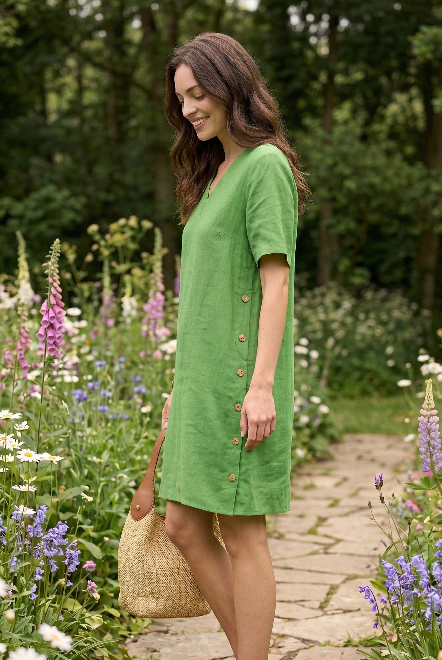 100% Linen Wood Button Elasticated Back Cocoon Mini Dress ROSALIND by LINTICO for women