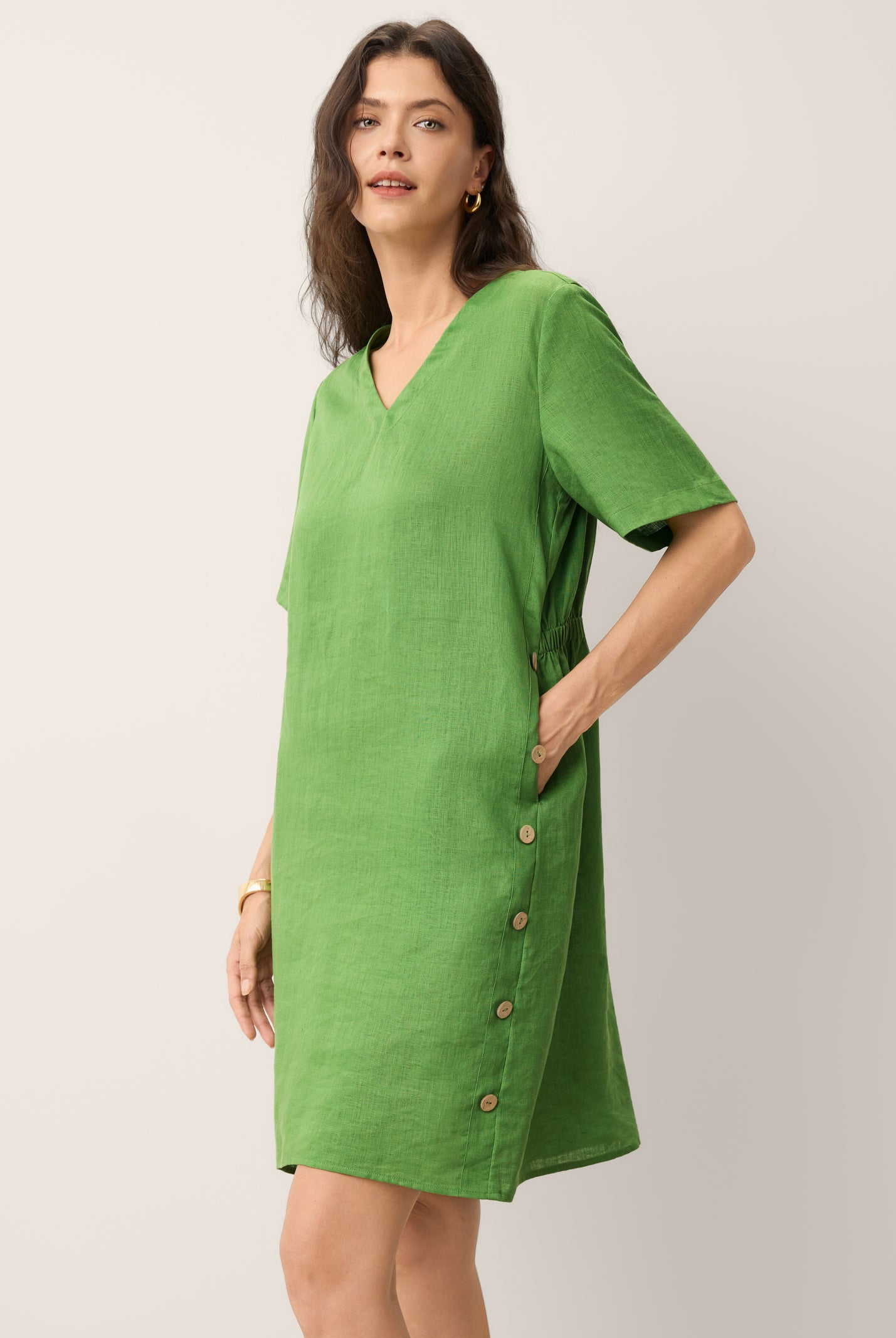 100% Linen Wood Button Elasticated Back Cocoon Mini Dress ROSALIND by LINTICO for women