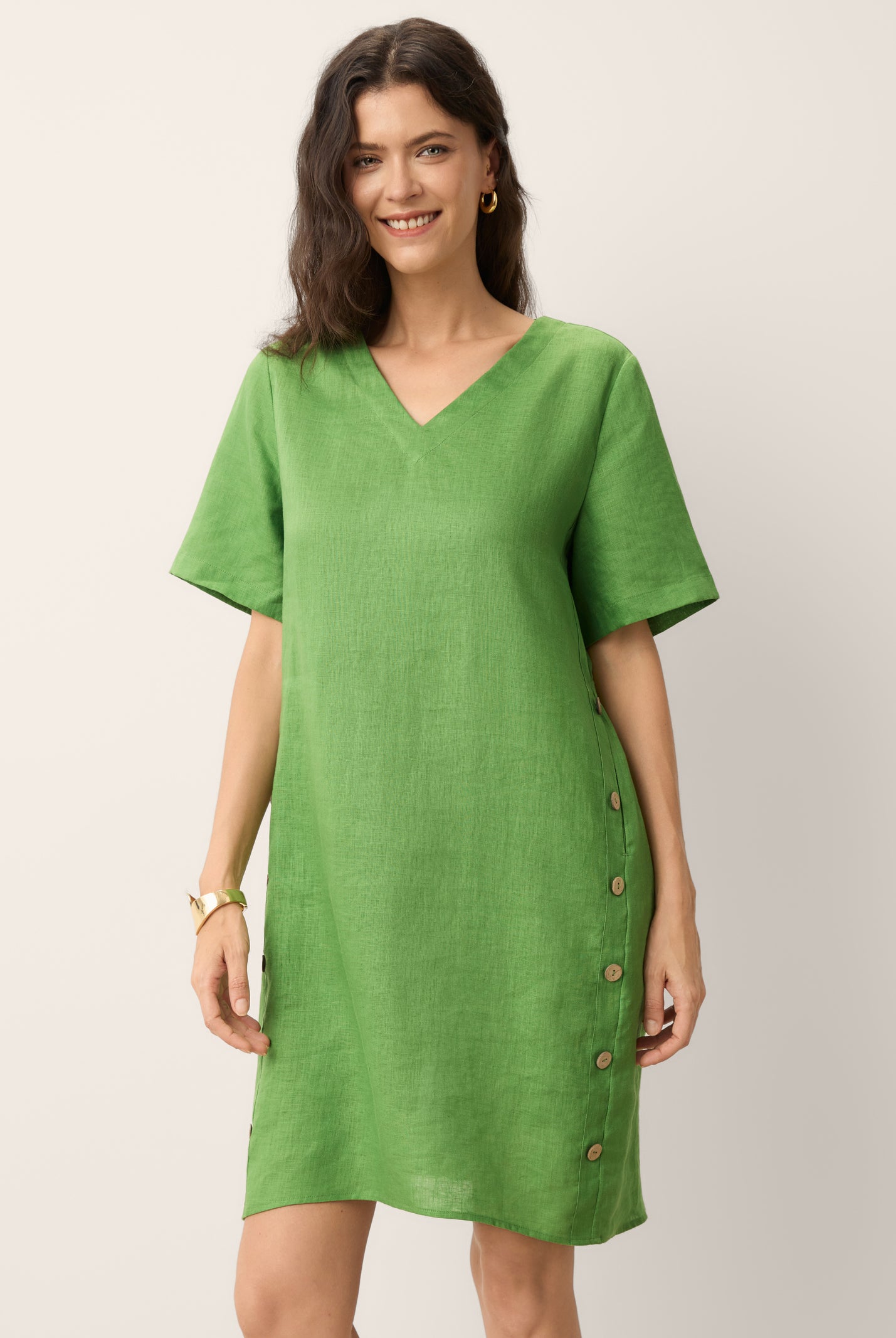 100% Linen Wood Button Elasticated Back Cocoon Mini Dress ROSALIND by LINTICO for women