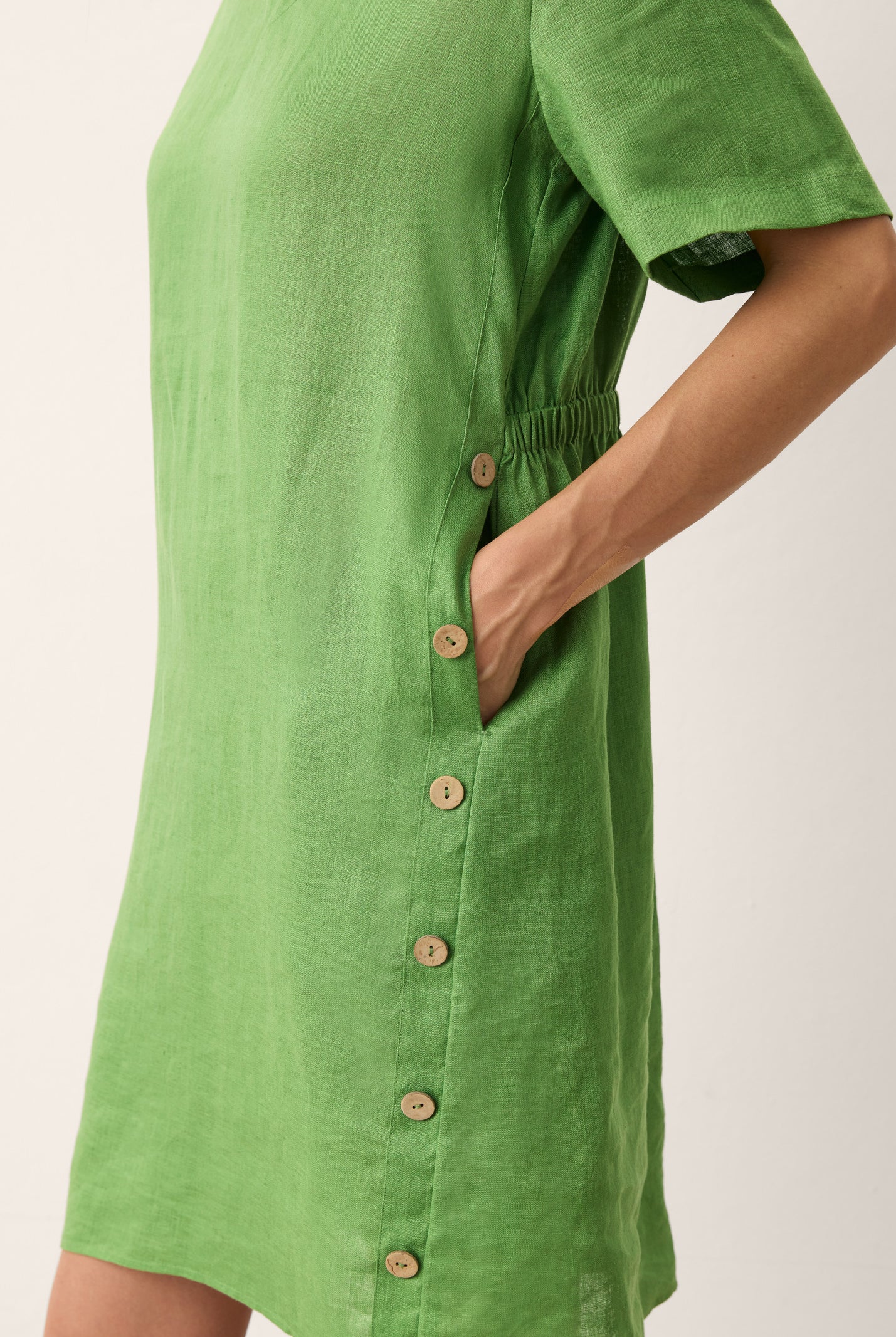 100% Linen Wood Button Elasticated Back Cocoon Mini Dress ROSALIND by LINTICO for women