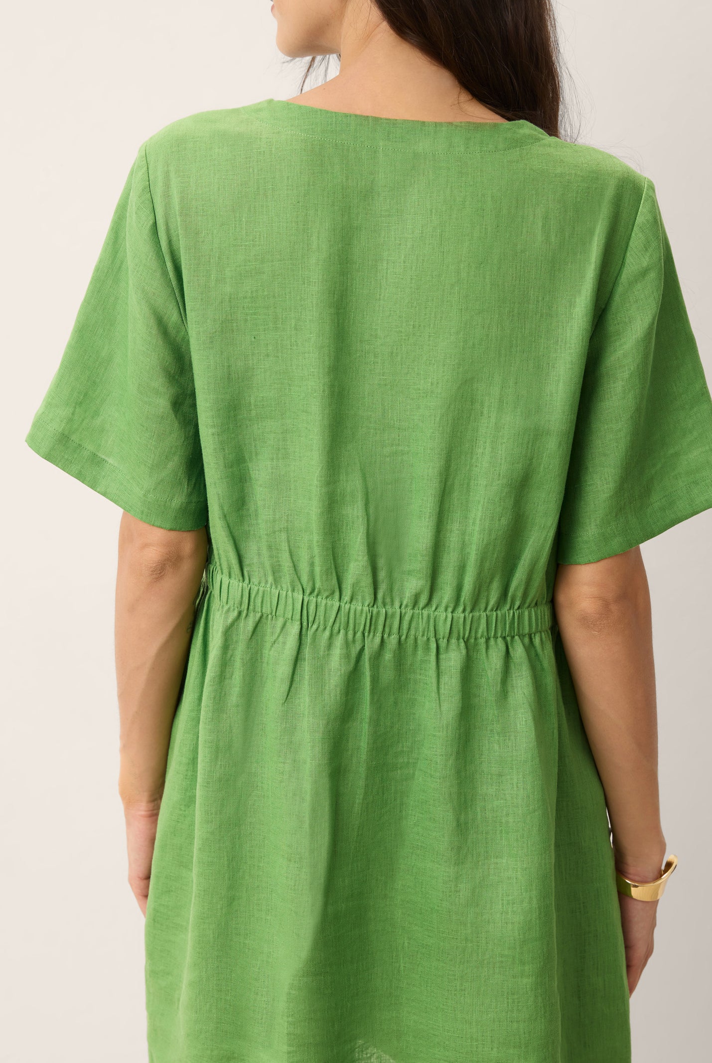 100% Linen Wood Button Elasticated Back Cocoon Mini Dress ROSALIND by LINTICO for women