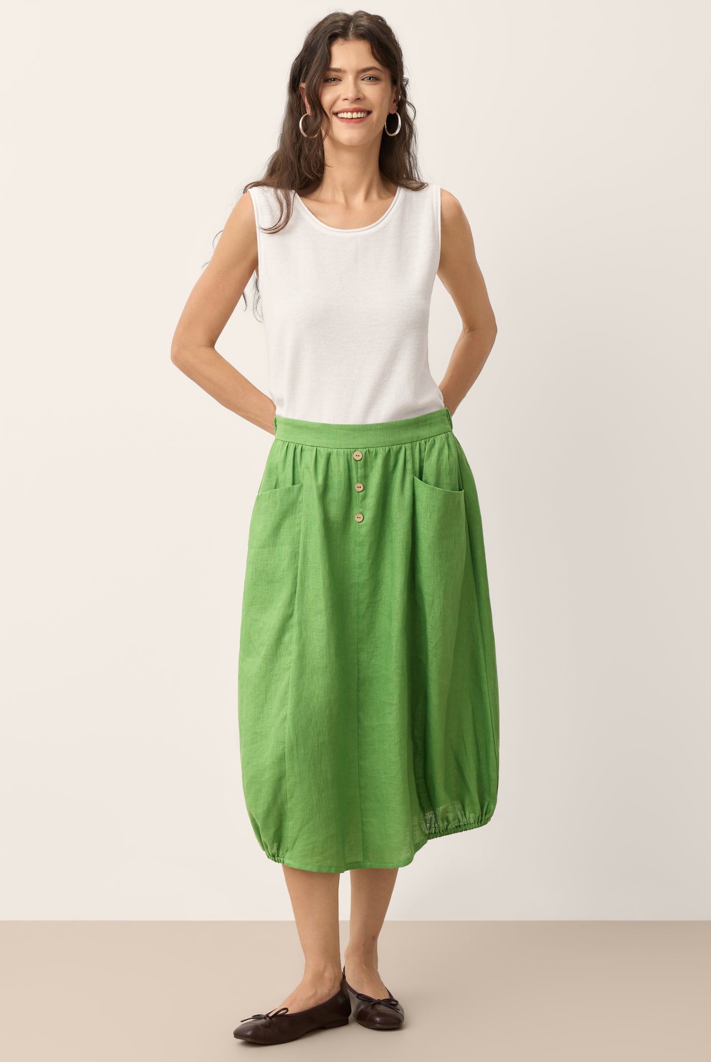 100% Linen Wood Button Elasticated Waist Bubble Skirt QUENBY by LINTICO for women