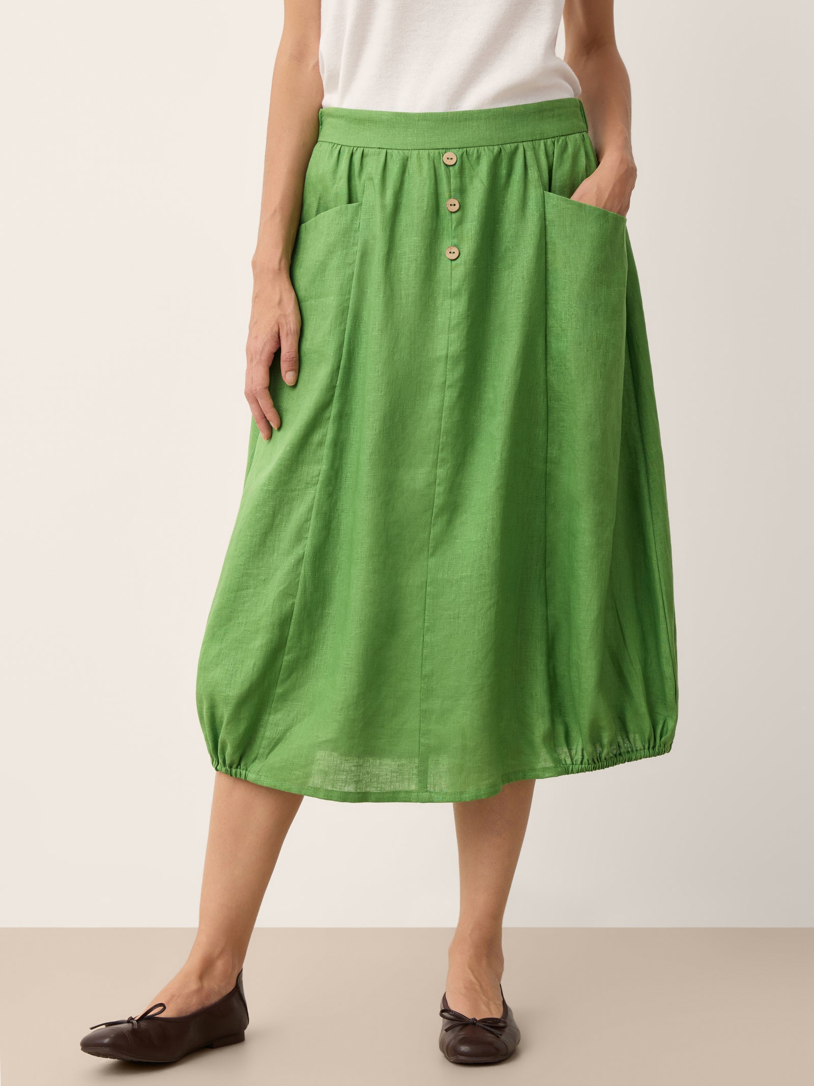 100% Linen Wood Button Elasticated Waist Bubble Skirt QUENBY by LINTICO for women