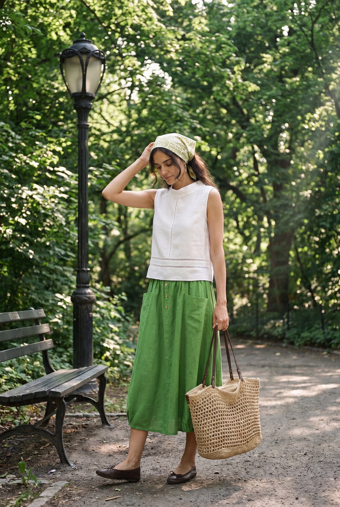 100% Linen Wood Button Elasticated Waist Bubble Skirt QUENBY by LINTICO for women